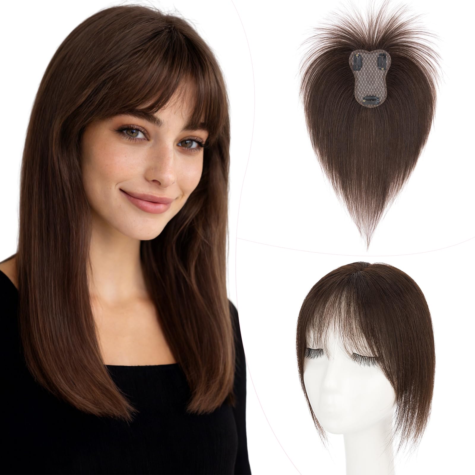 Elailite Hair Topper Donna Capelli Veri Clip 20g 25cm con Frangia Protesi Toupee Posticci Toupet Silk Lace 8x11cm #2 Marrone Scuro
