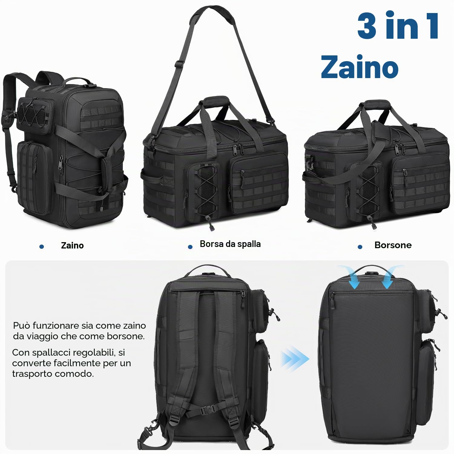 Borsa da Viaggio 3 in 1 per Uomo e Donna, 50L tattica Zaino per sport con scomparto per scarpe per Palestra Nuoto Weekender