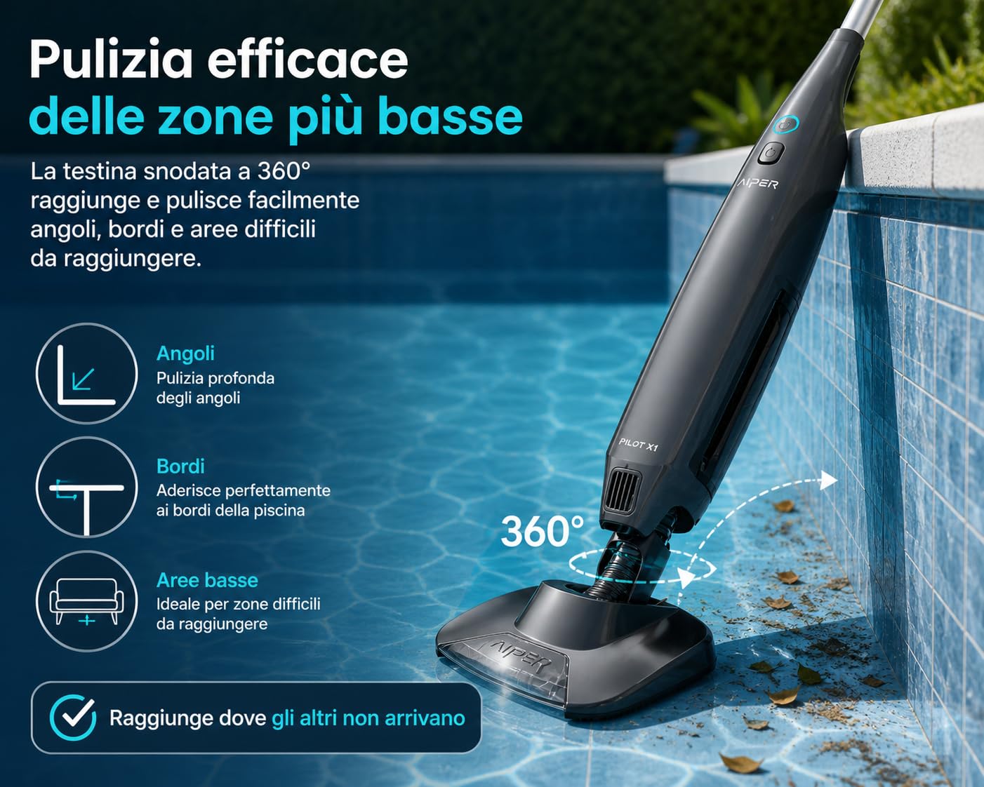 Aiper Pilot X1 Scopa elettrica Aspirapolvere per piscine esterne ed interne. Pulisci fondo. Manico Telescopico.