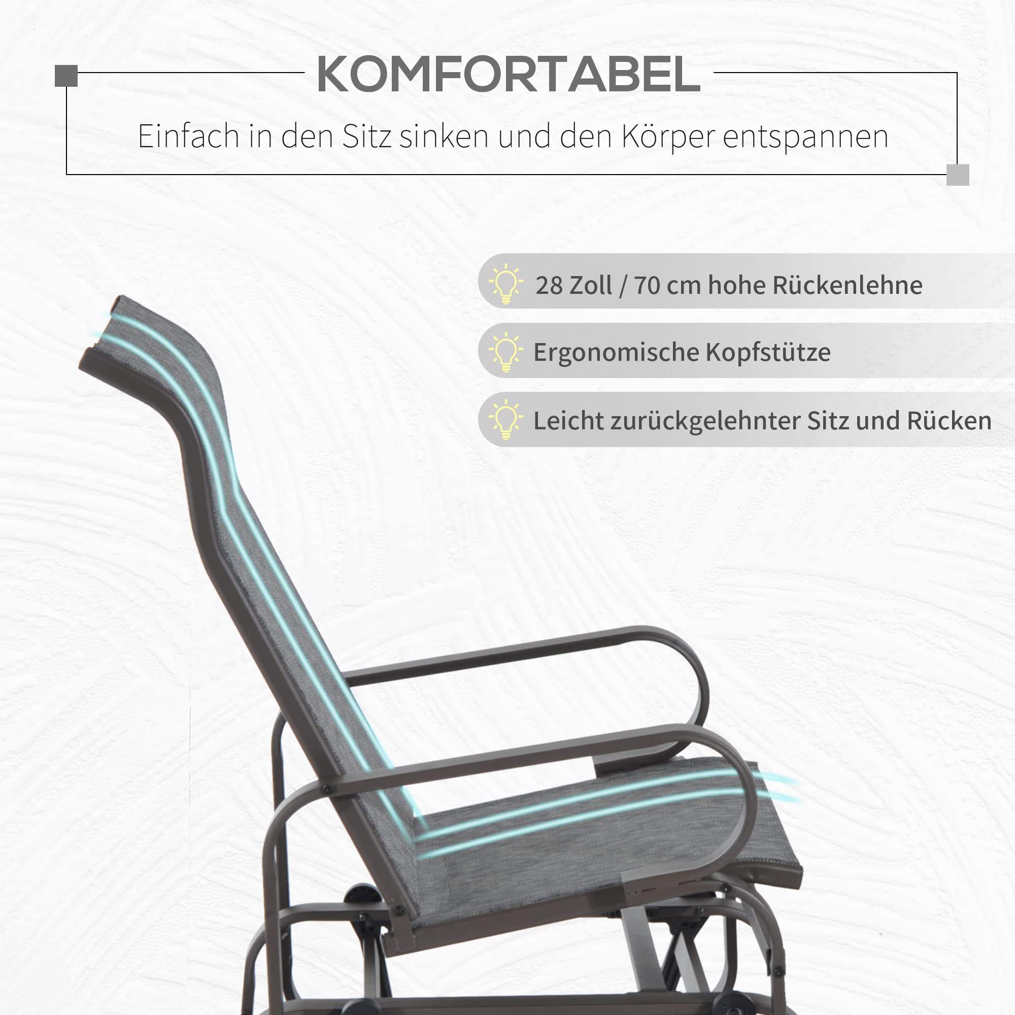 Outsunny Schaukelstuhl Garten Gartenstuhl Relaxstuhl Gartenschaukel Garten Metall Schaukel Stuhl für Garten Terrasse Balkon Texteline Grau+Braun 60 x 78 x 105 cm