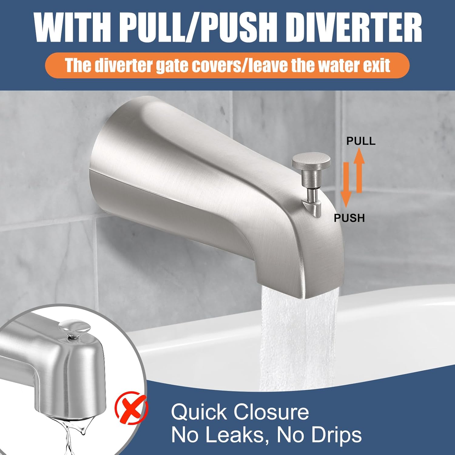 Tub Spout with Pull Down Diverter – Slip-Fit Bathtub Faucet Spout Replacement, 1/2” Copper Pipe Connection, Easy Installation, Universal for Bathroom Shower (Brushed Nickel) thumbnail