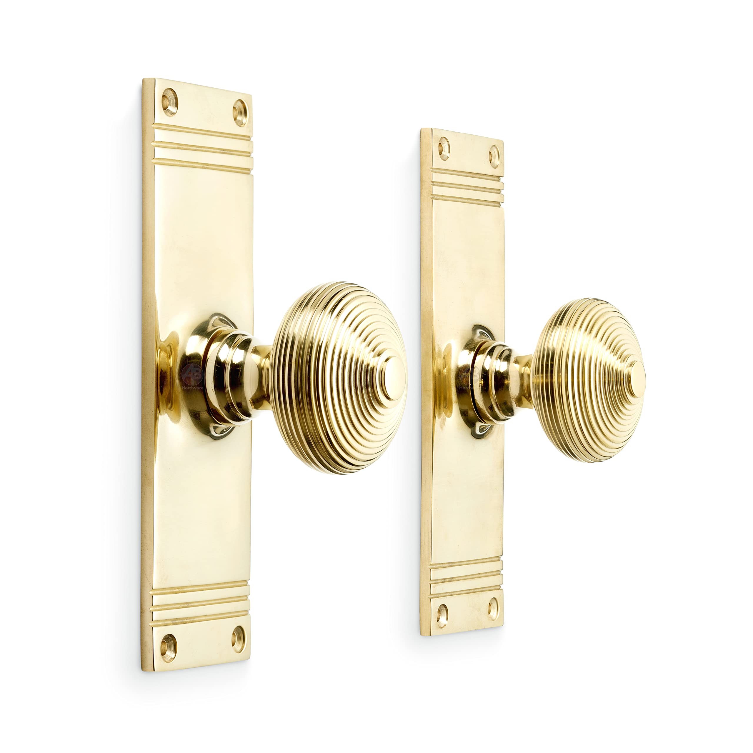 Ab Hardware Polished Brass Solid Brass Beehive Door Knobs On Backplate Mortice Reeded Pair Set (Polished Brass)