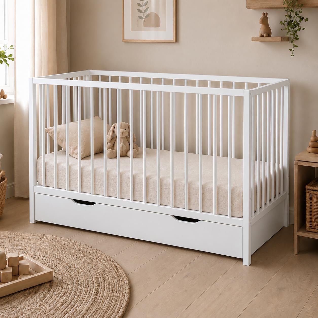 Kids Collective Lettino per bambini/co-sleeping 120x60/140x70 cm | Lettino modulare con rete regolabile in altezza (3 livelli) e sbarre rimovibili | Lettino in legno per cameretta | 120x60 cm - Bianco
