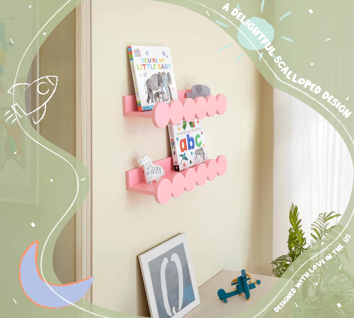 CNK Nursery Floating Shelves for Wall Mounted Set of 2 Book Shelf for Kids, Toddler, Baby Rooms Natural Pine Wood Bookshelf Toy Storage with Rack Playroom Decor - Peach Color