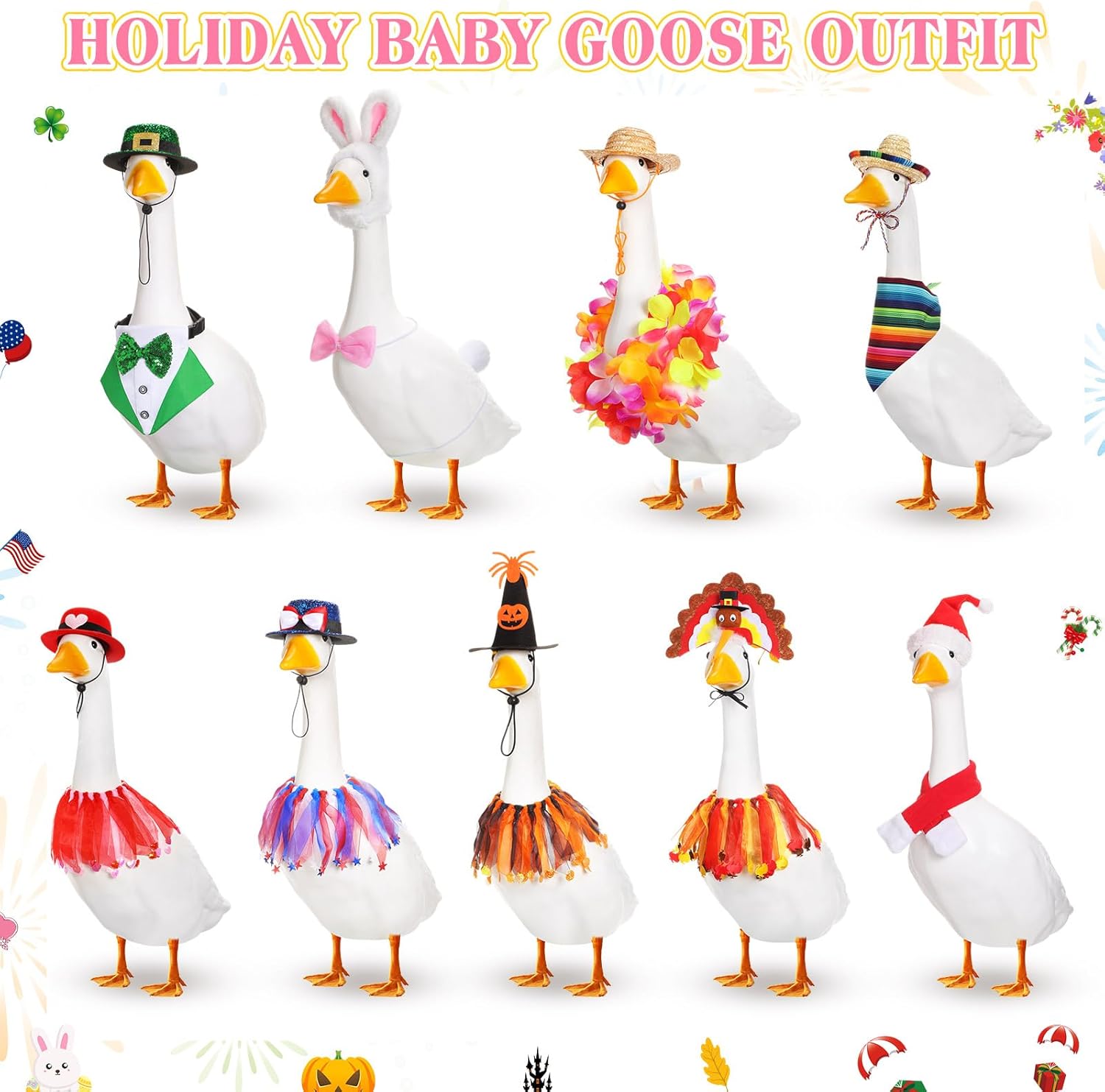 Dansydaisy 9 Set Holiday Porch Goose Outfits Mexican Summer 4th of July Halloween Thanksgiving Christmas Lawn Goose Clothing Hat and Bandana Goose Outfit for 23" Goose Patio Yard Decor