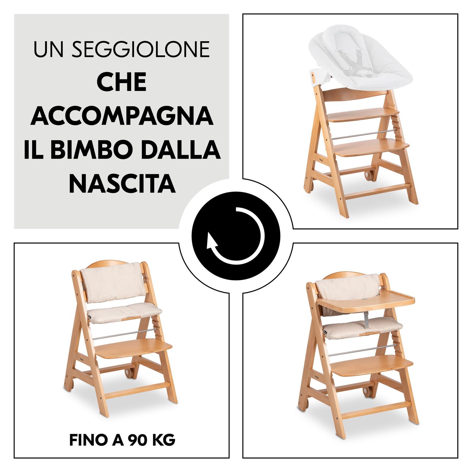 hauck Beta+, Naturale - Kit Seggiolone Pappa con Ruote, Vassoio, Barra Protettiva, Cuscino di Seduta, Cintura a 5 Punti e Cinturina Inguinale - per Bambini 6 Mesi fino a 90 kg - Legno di Faggio