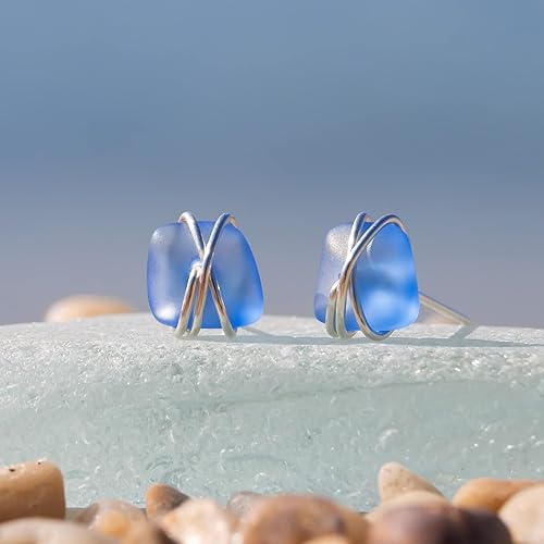 Miniatura 31 de Sea Glass Earrings S990 Sterling Silver Hypoallergenic Handmade Stud Post Earrings Beach Glass Fashion Statement Handcraft Jewelry for Women Girls
