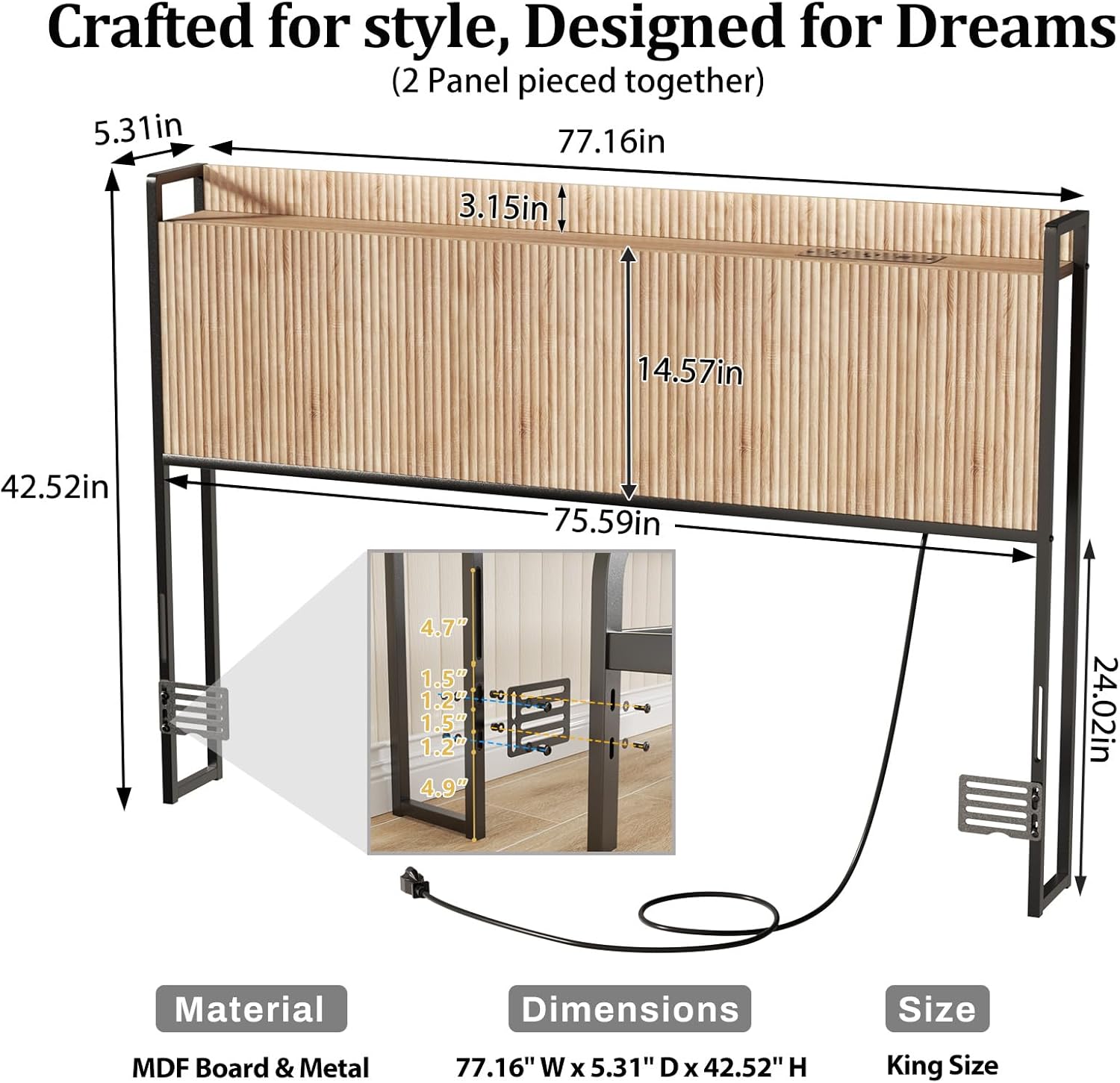 King Size Headboard Only with Outlets, Wall Mount Wood Fluted Headboard with Storage, Height Adjustable, Storage Rack, Sturdy and Stable, Easy Assembly(Oak, King)