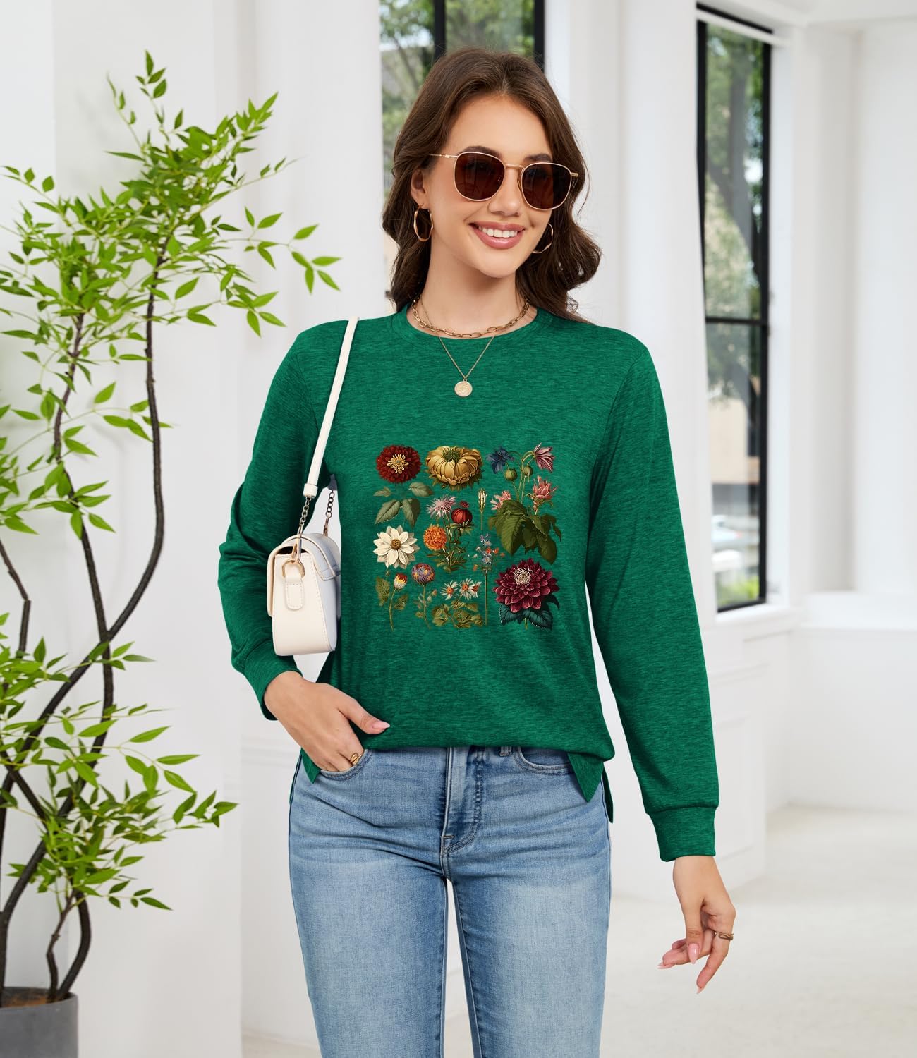 Womens Fall Cute Graphic Long Sleeve Tops Crew Neck Printed Nature Tshirts Tops - Image 6