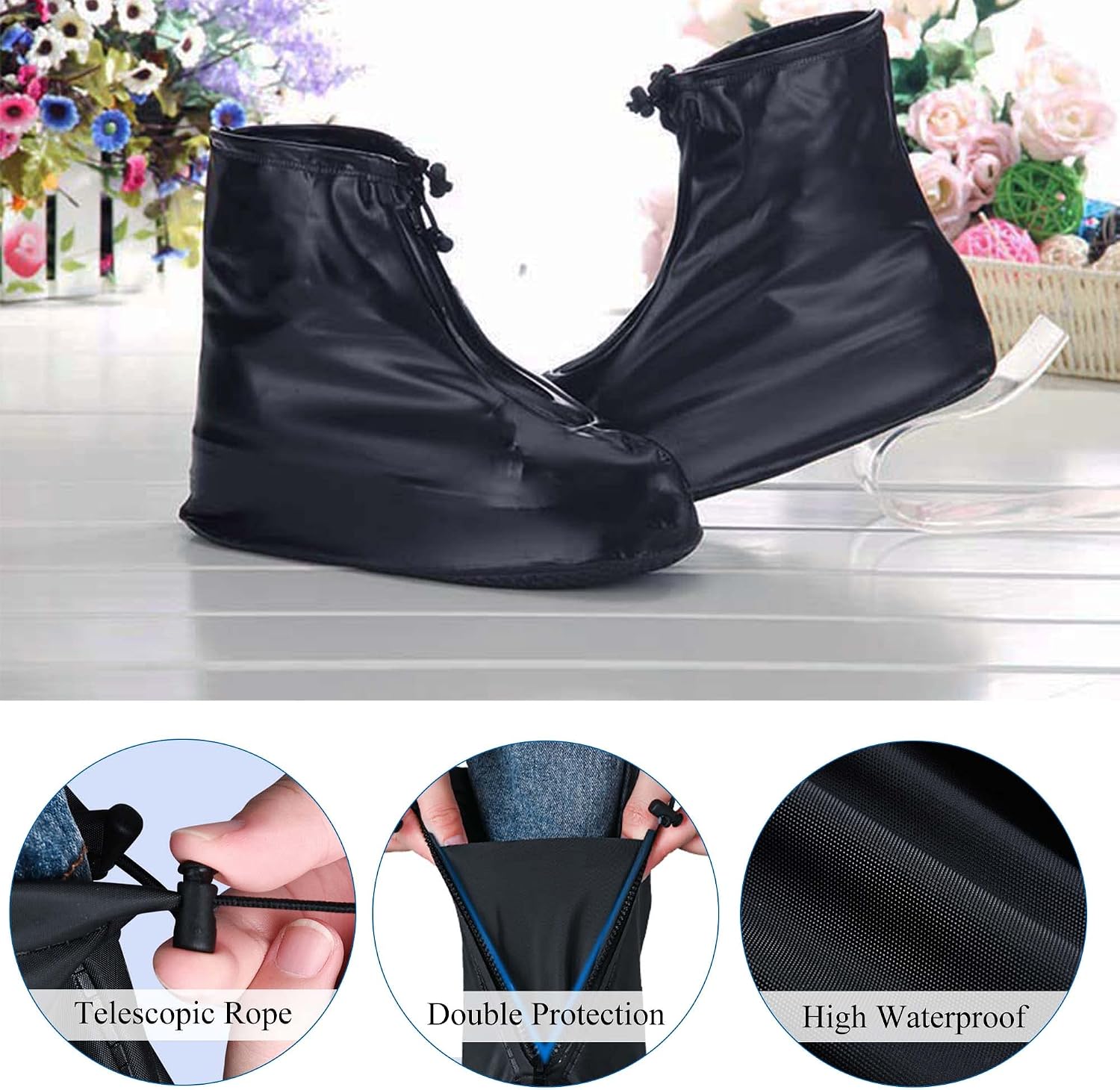 Rain Boot Waterproof Shoes Covers, Sand Control Non-Slip Shoe Cover Galoshes, PVC Rubber Sole Reusable Rain Snow Boots Overshoes for Cycling Outdoor Camping Fishing Garden (XXL, Black) image 3