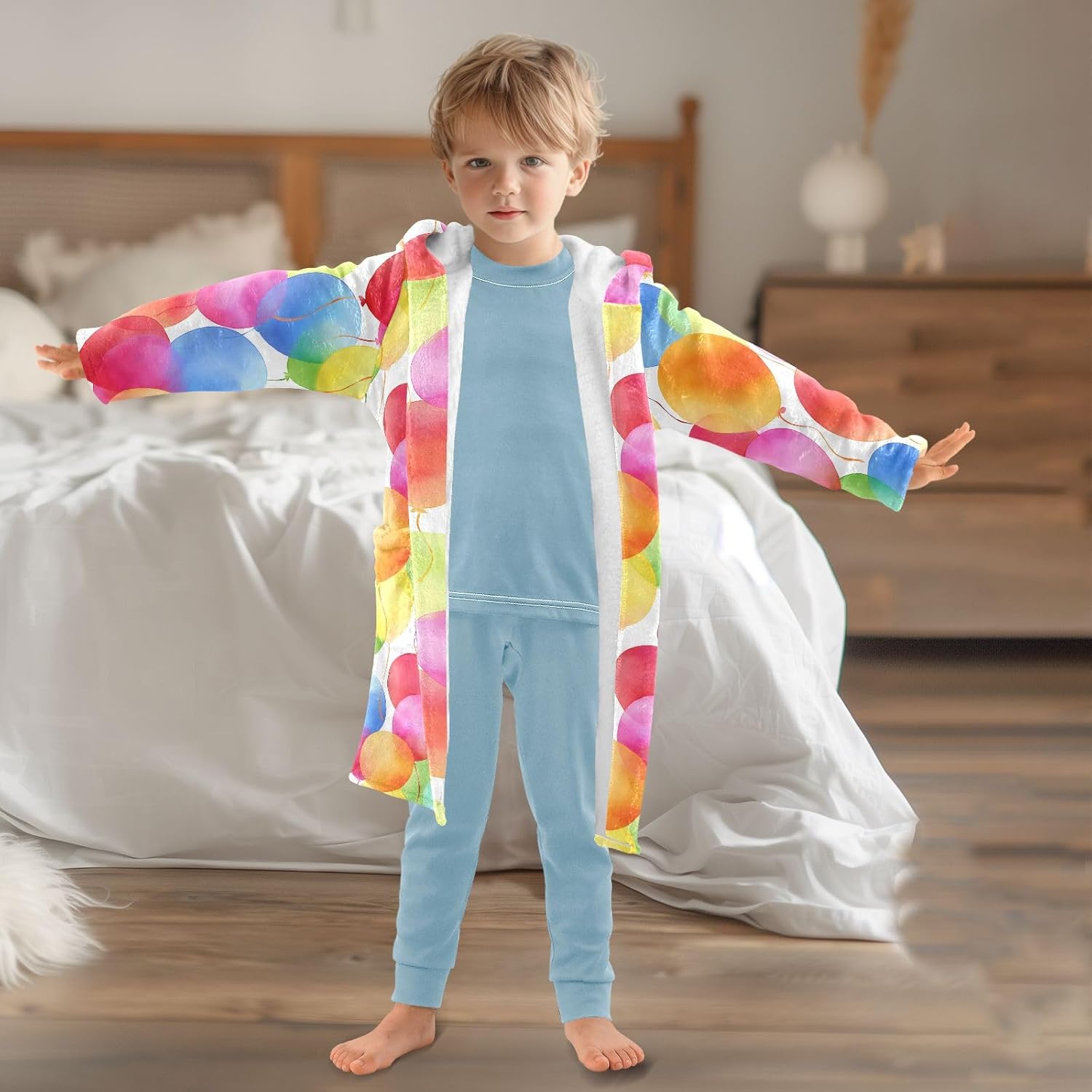 Colorful Balloon Pattern Toddler Hooded Bathrobe for Boys Girls Soft Plush Bath Towel Robe 2-12 Years