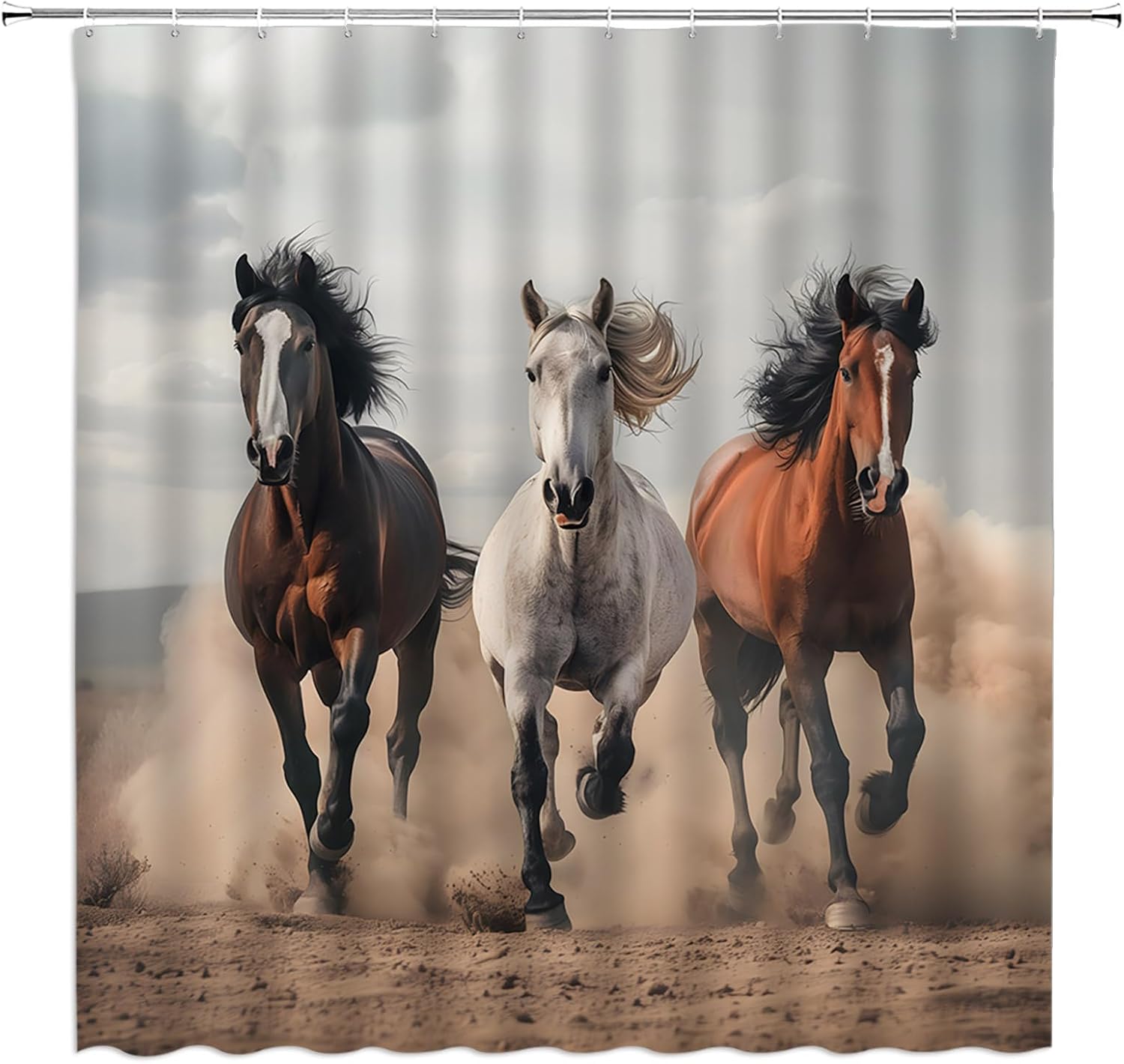 Horse Shower Curtain Southwest Equine Farm Animals Galloping Running Horses Field Desert 84" Wx70 H Fabric Bathroom Decor Curtain with Hooks