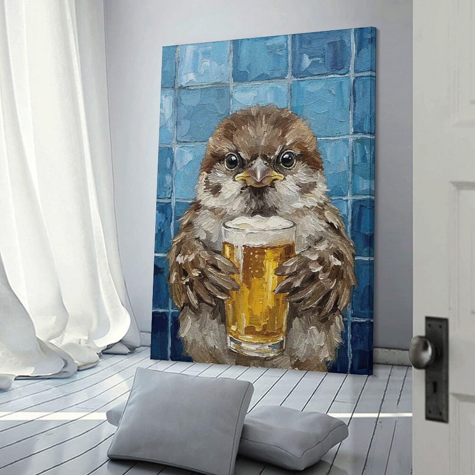 Junmoney Canvas Wall Art Sparrow with Beer Painting, 20x30inch(50x75cm), for Gallery Wall Decor And Room Displays, Decorative Artwork with Flexible Styling