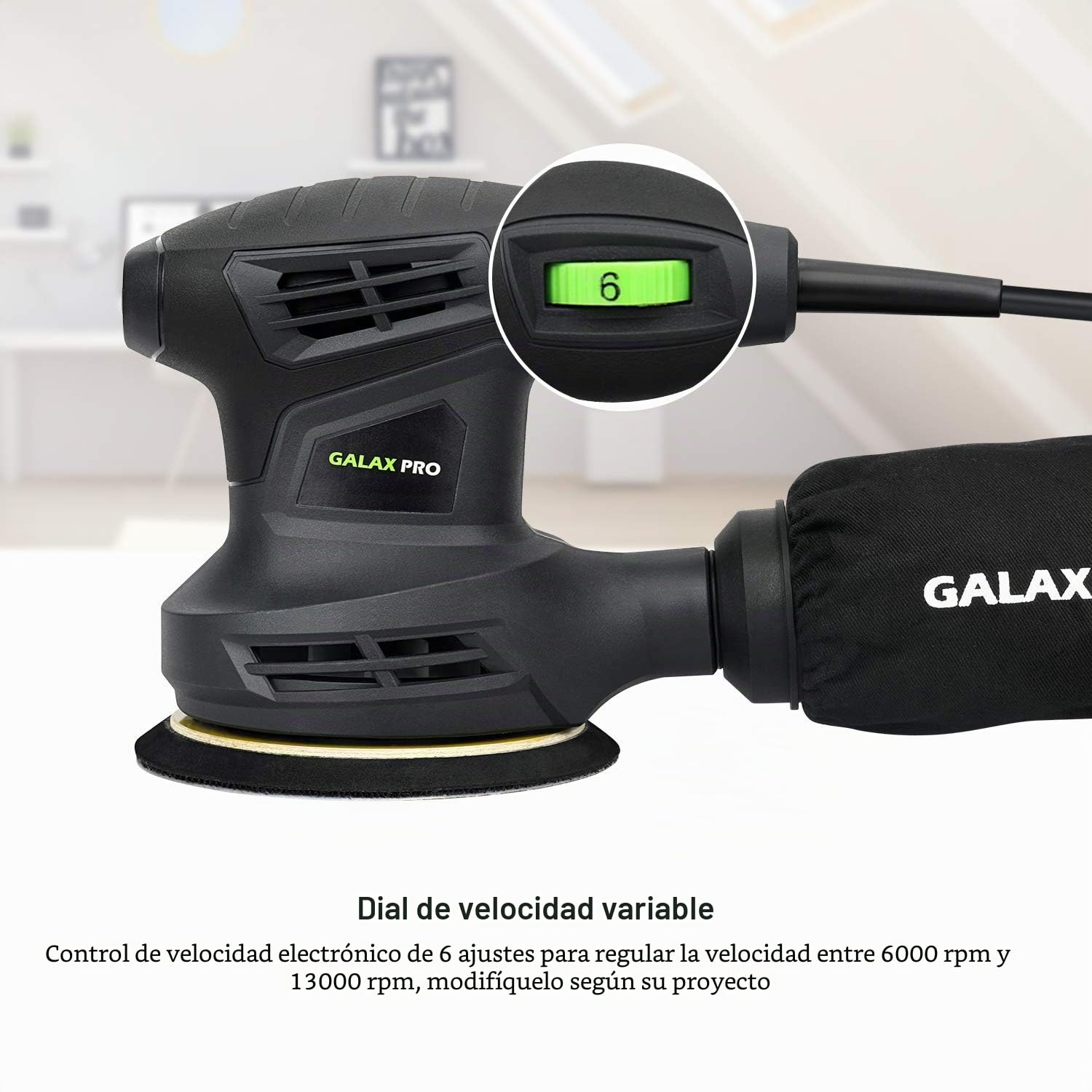 GALAX PRO Lijadora Orbital, 280W 6000-13000 RPM 6 Velocidades Variables Lijadora Rotorbital, 15 Hojas de 125 mm Discos Abrasivos, Polvo Sistema de Recogida, ideal para bricolaje