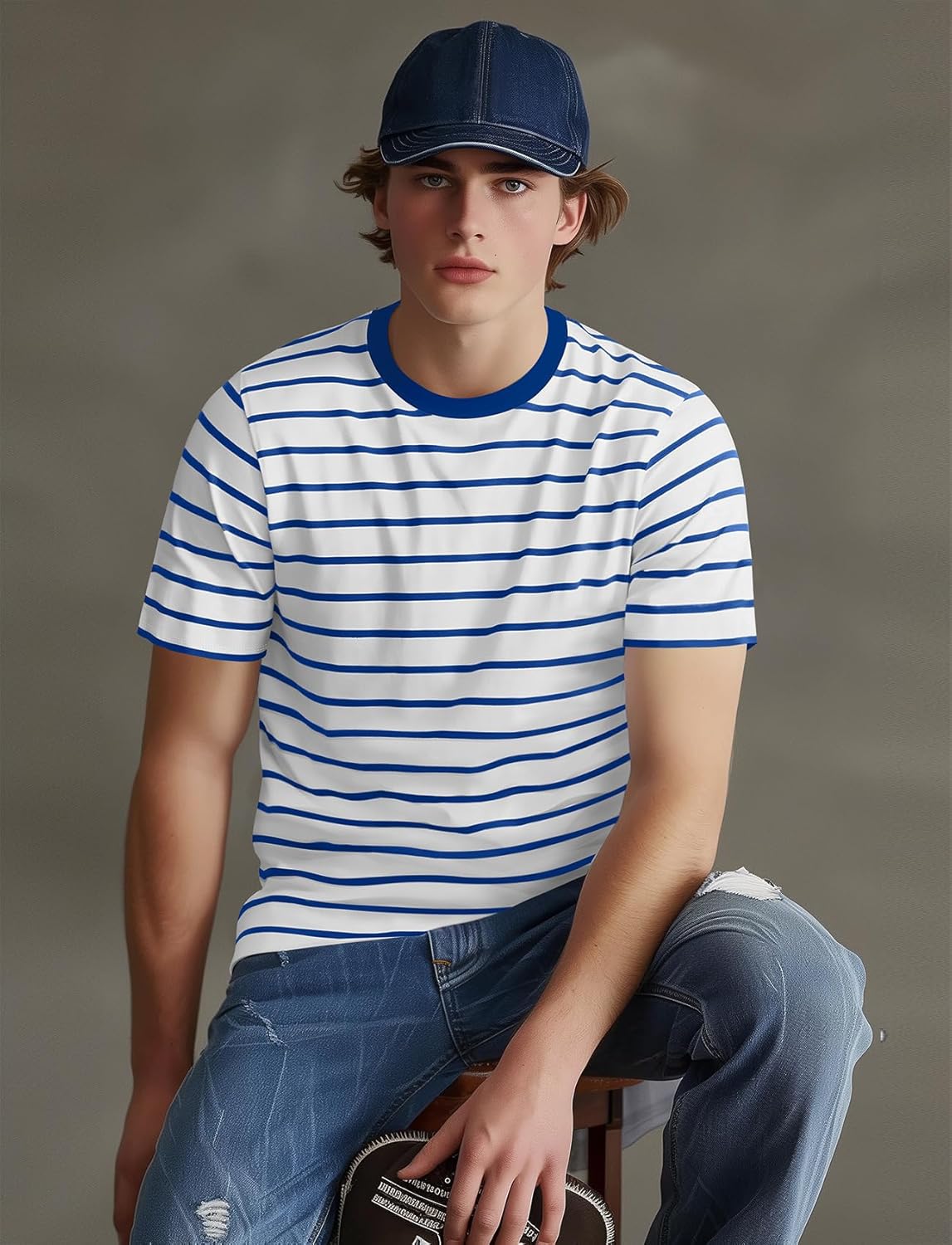Zengjo Mens Striped T-Shirt Short Sleeve Crewneck Classic Horizontal Stripe Tee Top - Image 2
