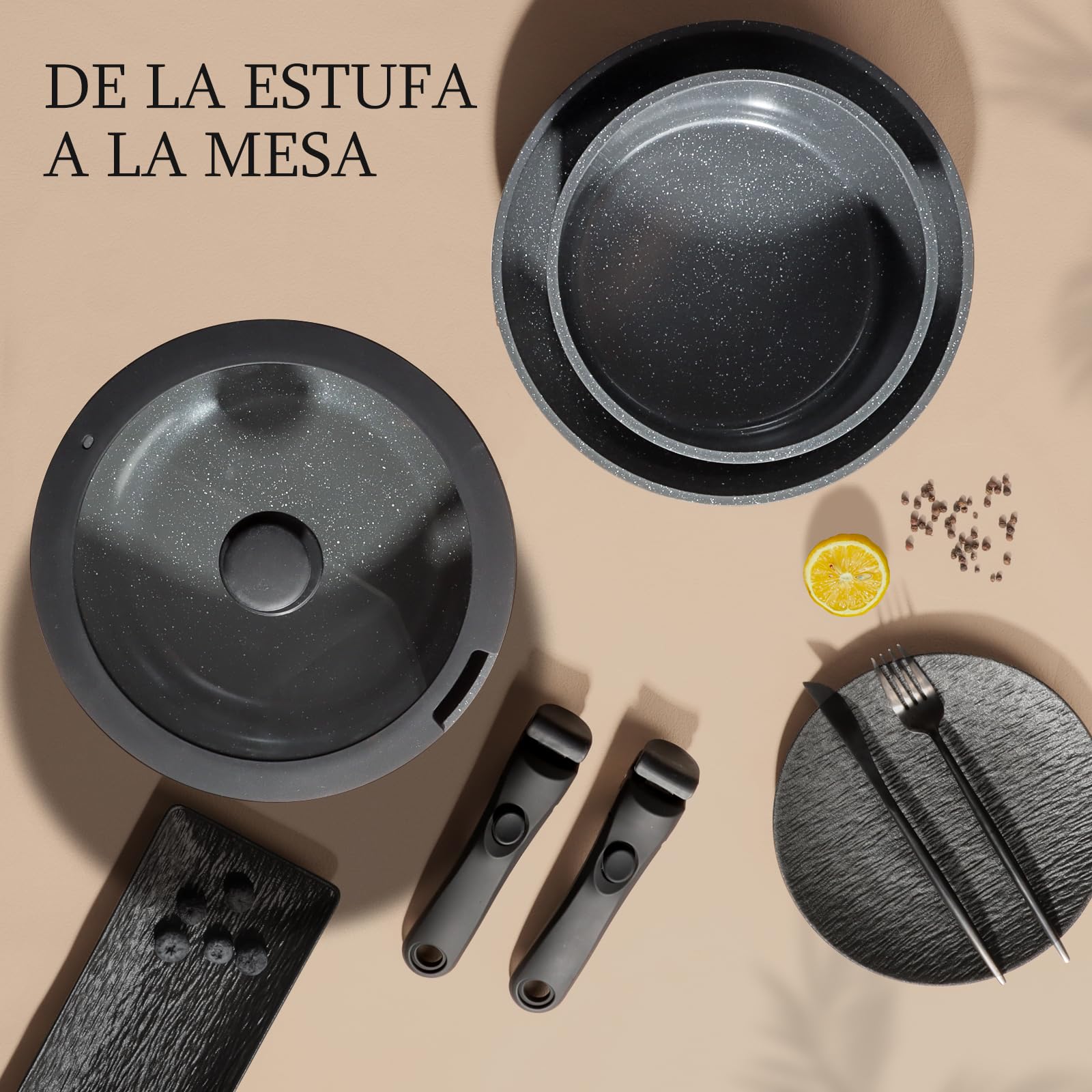 GiPP Juego de Ollas y Sartenes Cerámicas Antiadherente - Juego de Cocina con Mangos Desmontables, No Tóxico, Apto para Inducción, Horno y Lavavajillas(Negro 11PCS)
