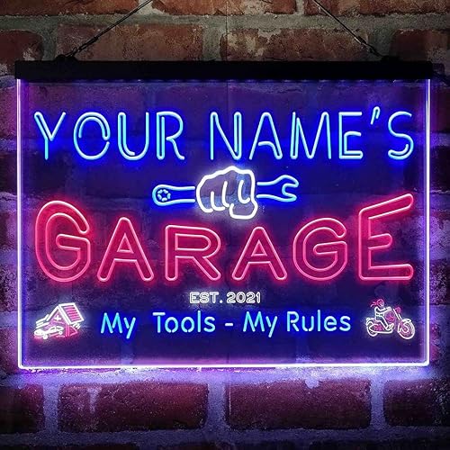 Letrero de luz de neón LED tricolor personalizado con diseño de cueva de garage, una decoración artística única grabada en 3D  Nombre personalizado