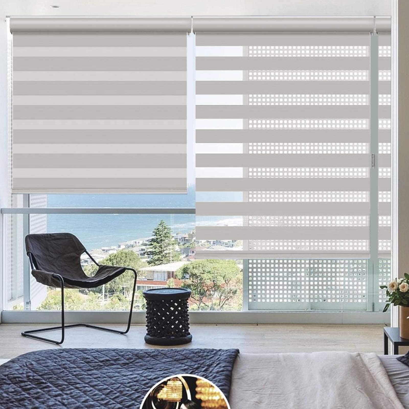 Changshade Cordless Zebra Roller Shade with Valance, Double Layered Window Blind for Day and Night, Light Filtering Window Treatment with Mesh and Opaque Fabric, 34 inches Wide, Beige RBS34BG72A