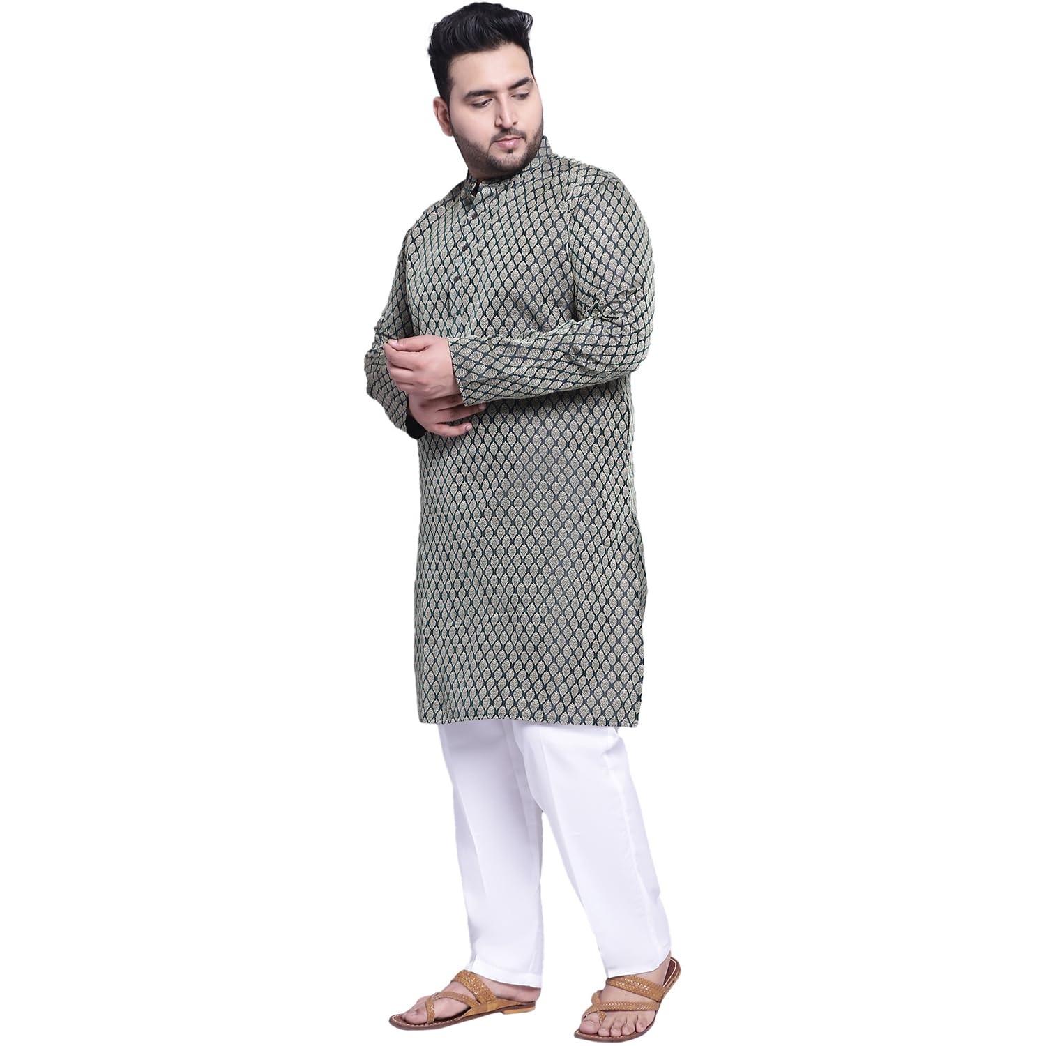 Sojanya (Since 1958 Men's Silk Blend Dark Green Kurta & Beige Emb Nehrujacket With White Pyjama