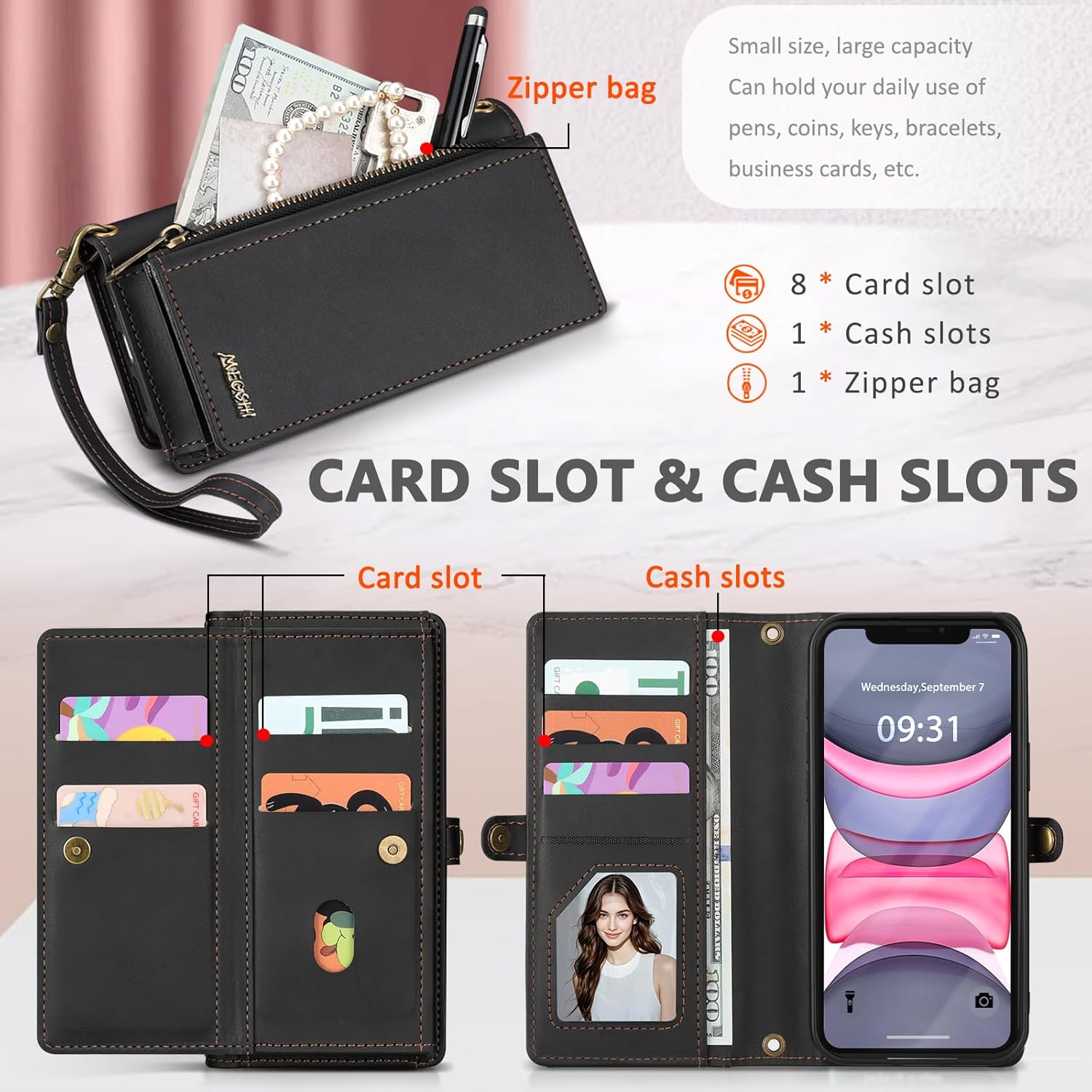 for iPhone 11 Wallet Case, Detachable Magnetic Phone Case,Faux Leather Strap Wallet,with RFID Blocking,Zipper Card Holder,Shoulder Straps (Black)