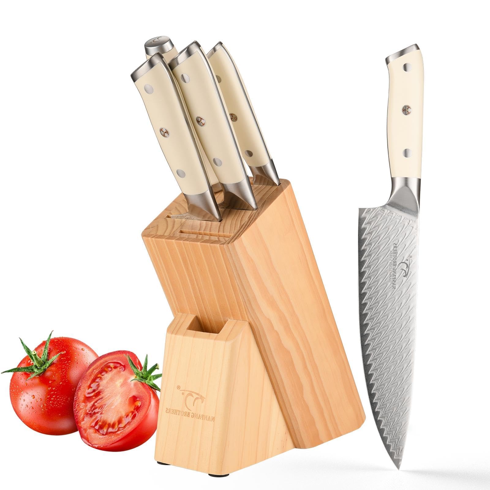 NANFANG BROTHERS Five-Piece Kitchen Knife Set, Damascus Chef's Knife Set with Block, Ergonomic Handle