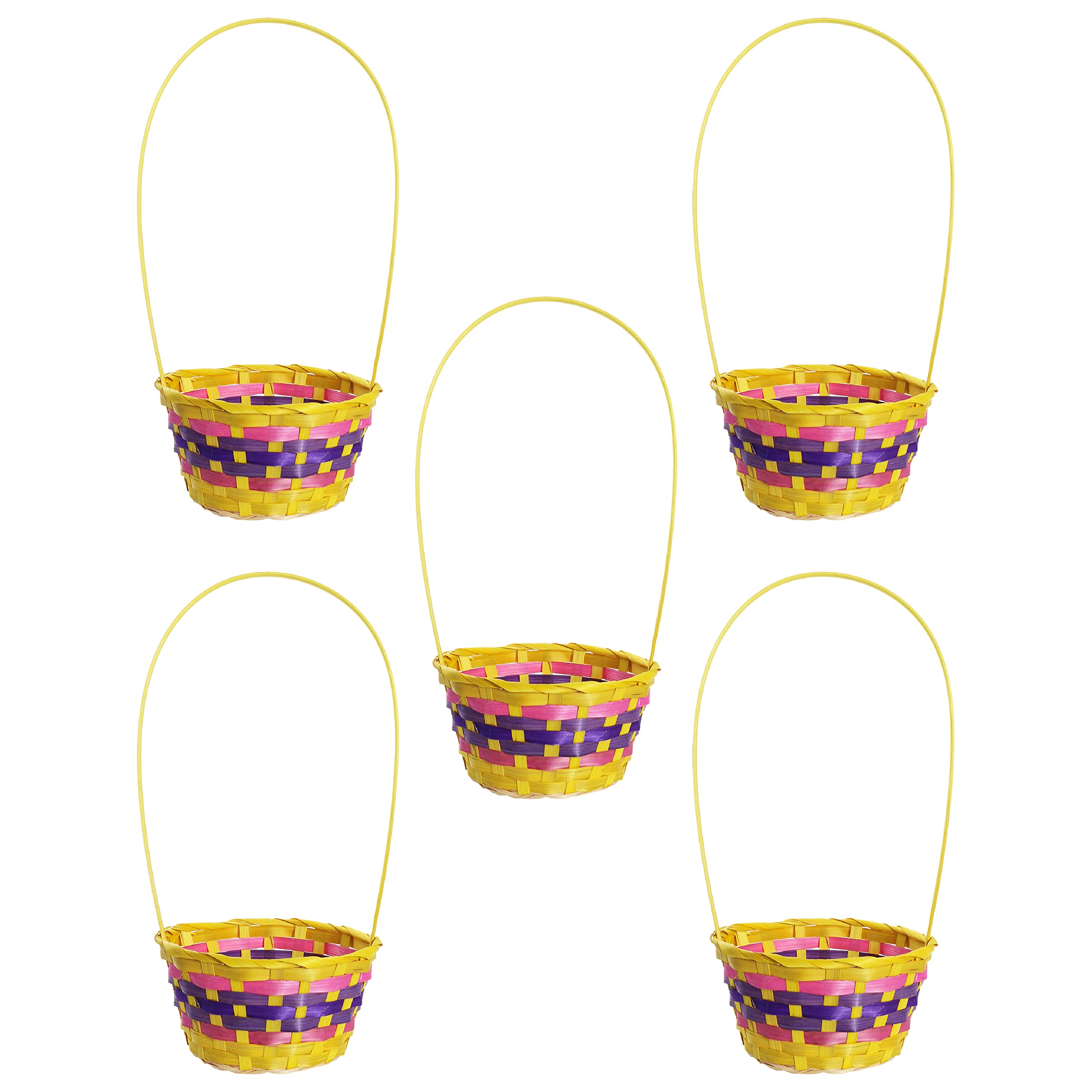 Yellow Easter Basket - Pack of 5 - Large Yellow Basket With Pink and Purple Woven Pattern - Perfect for Easter, Easter Egg Hunts, Easter Bunny Costumes and Other Fancy Dress Events