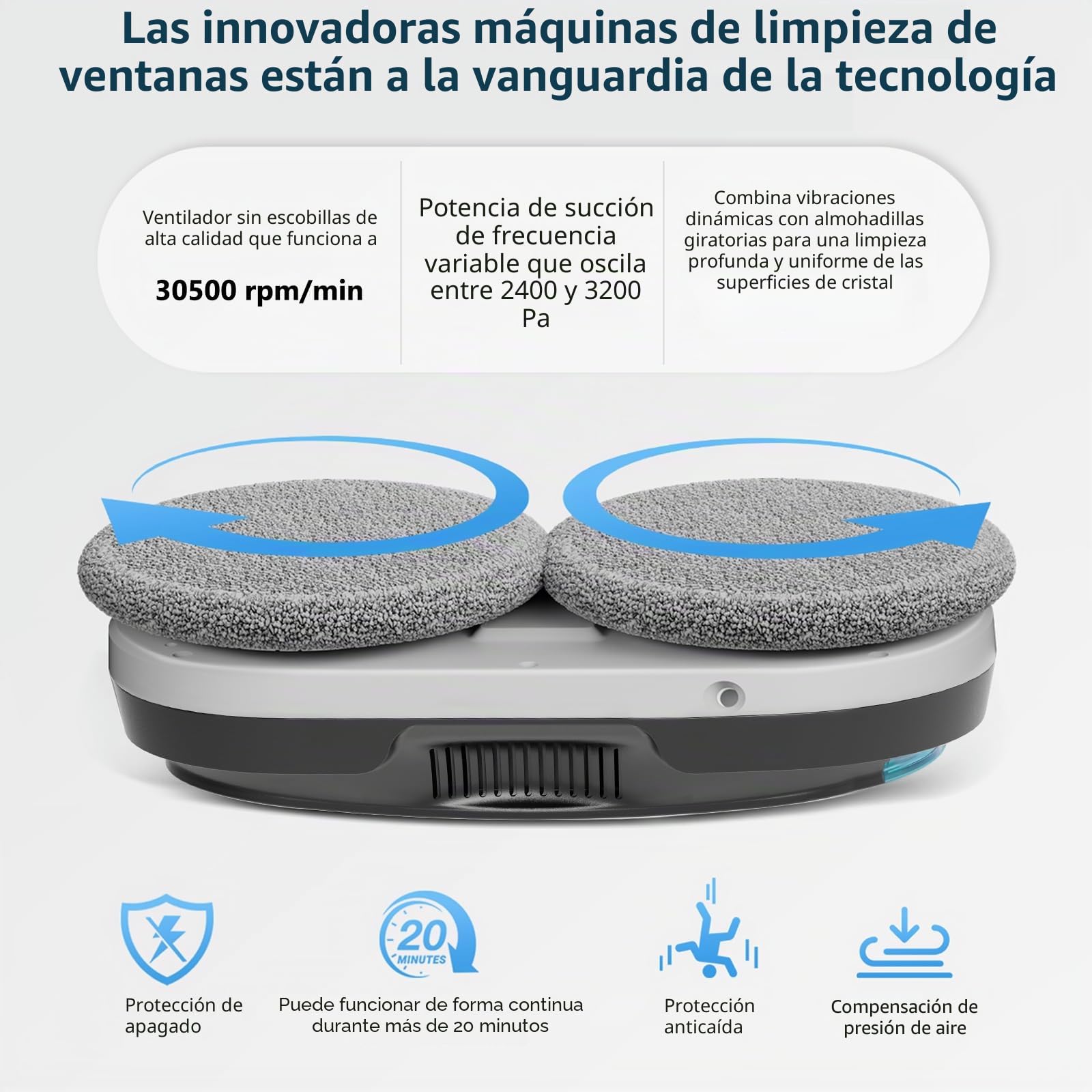 Robot Limpiacristales,2400-3200pa Robot Lavadora de Cristal Automático-Sistema de Pulverización Bidireccional, 3 Modos Limpieza, Detección de Bordes y Seguridad Anticaídas