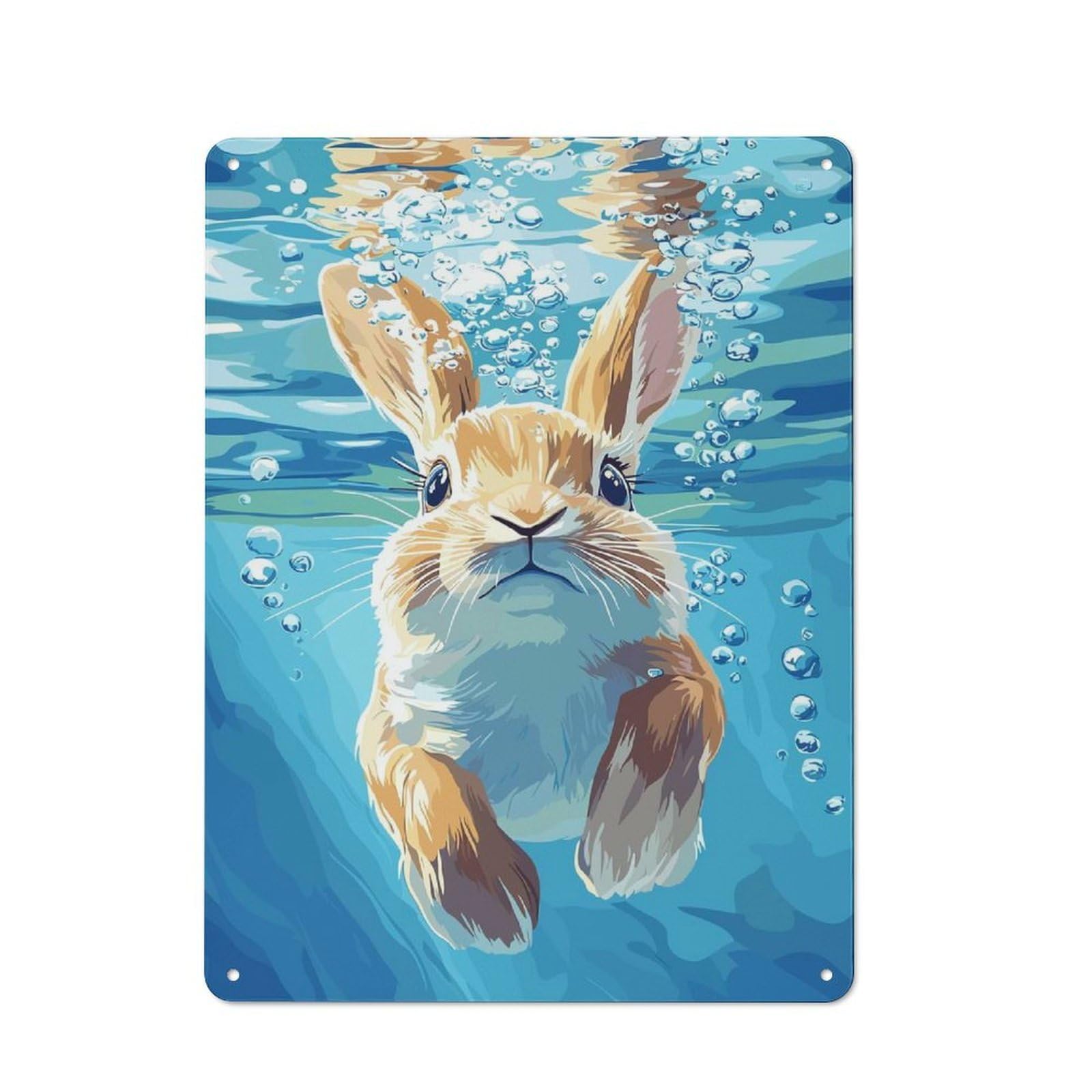 Junmoney Style-8 Character Decorative Tin Plaque 40X30cm Featuring Rabbit Underwater With Bubbles Illustration, Home Wall Decor For Flat, Dorm Room, Lounge Or Cafe