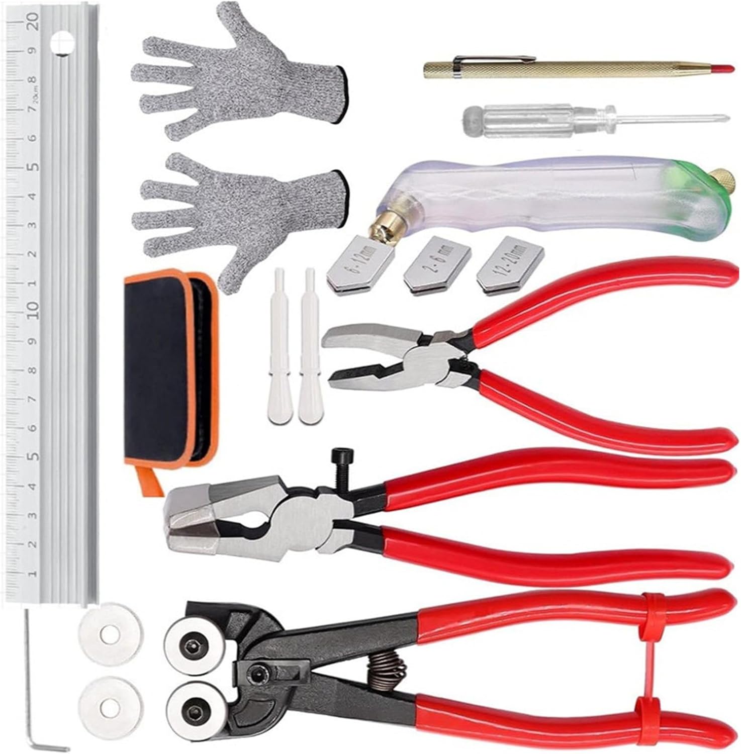 Pack of 16 Professional Modularized Glass Cutting Tool Set with Multiple Heads and Features for Efficient Artisanal Work Glass Tool