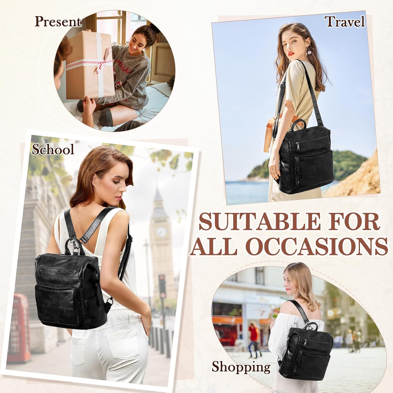 VASCHY Backpack Purse for Women,Vegan Fashion Leather Medium Convertible Ladies Backpack Shoulder Bag for Travel/Work/Diaper Black - Image 7