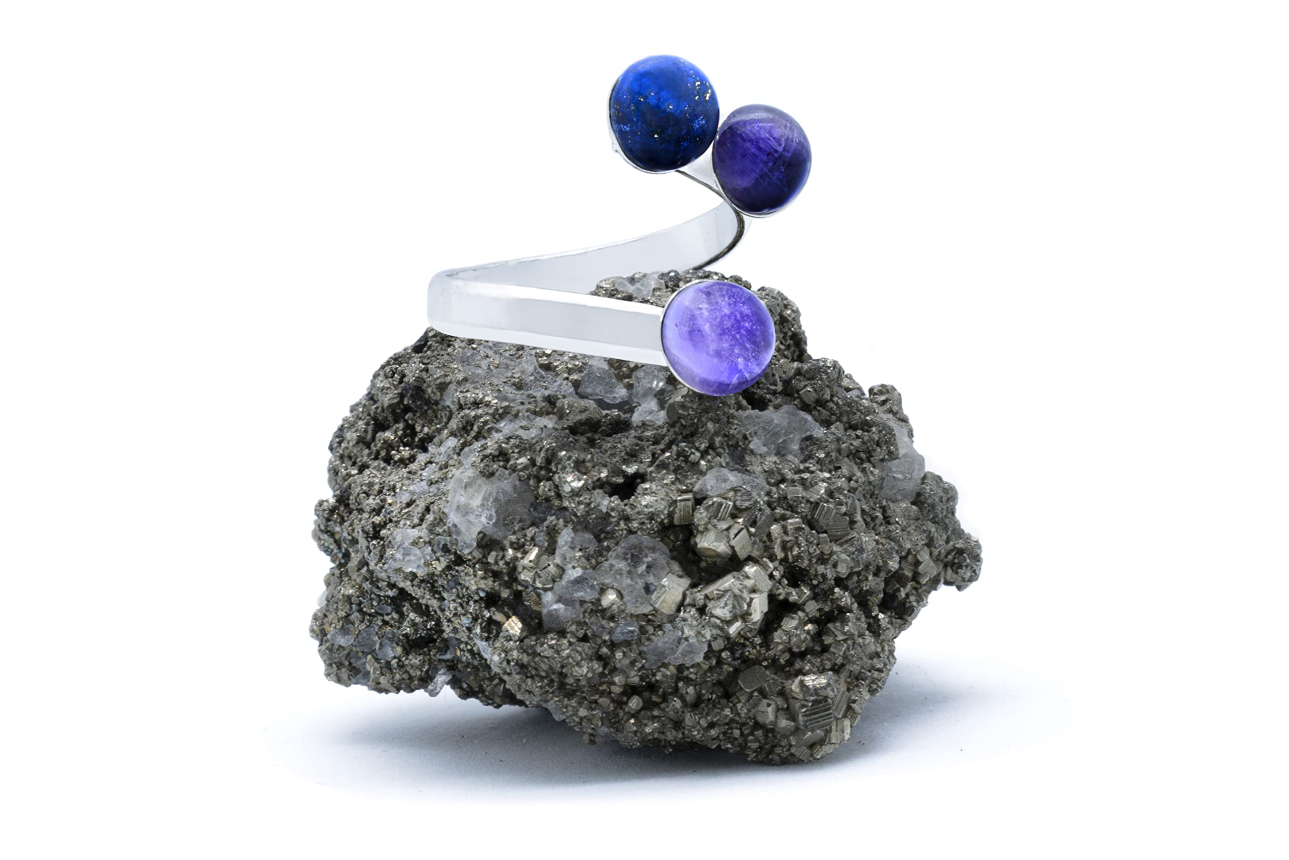 925 Silber Trilogy Ring mit Lila Amethyst, Lavendel Amethyst und Lapislazuli (Naturstein) 6mm - Verstellbaren Ringen, von XS bis XL, für Männer für Frauen - Kostenlose Geschenkbox