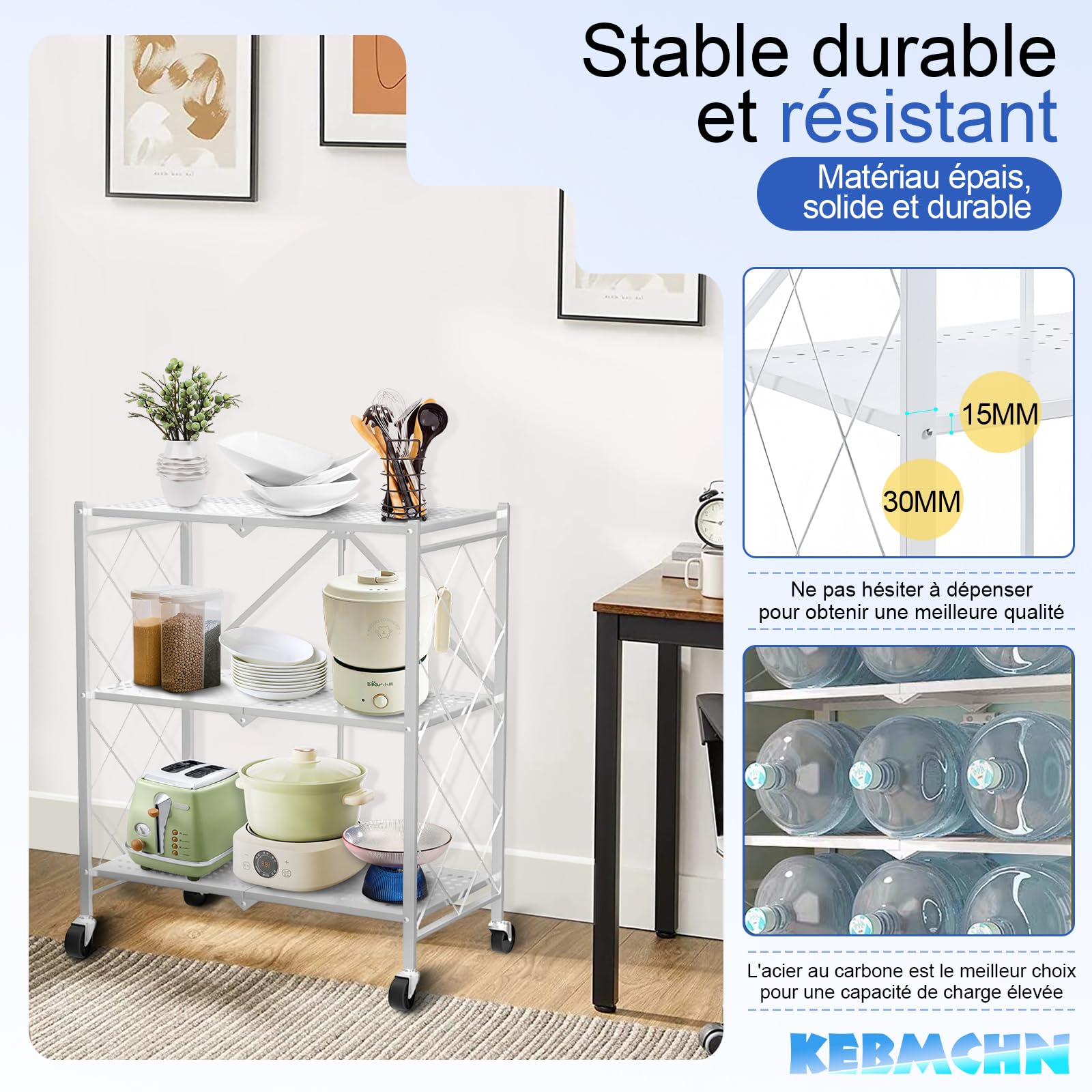 Étagère de Rangement 3 Étage Métallique Pliable avec roulettes, Tablette Autoportante, Chariot de Stockage Pliable 71,5 x 36,5 x 87 cm pour Cuisine, Bureau ou Buanderie (Blanc)