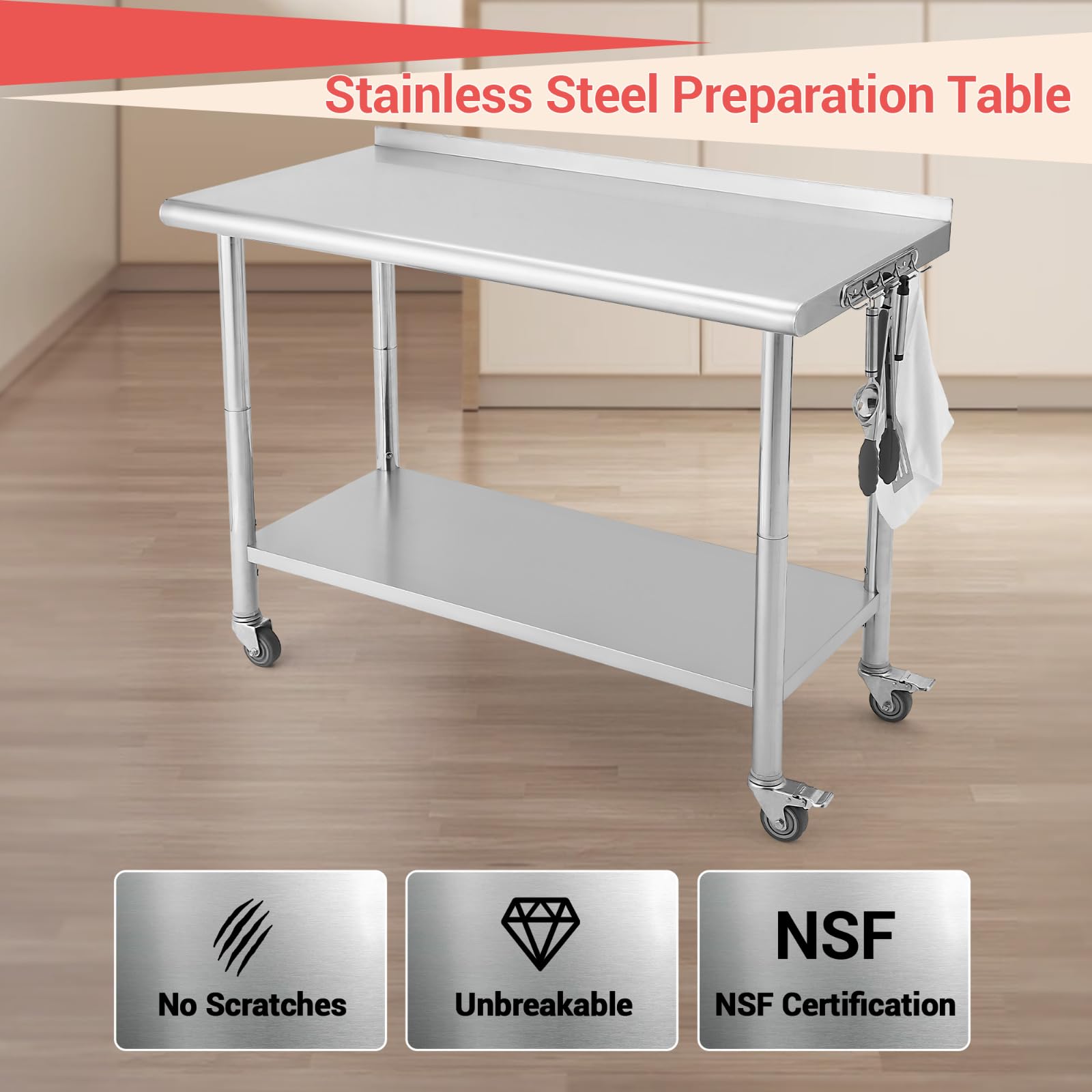 Tavolo da Lavoro in Acciaio Inox 76x61 cm con 4 Ruote, Tavolo da Lavoro e Preparazione per cucine Commerciali Certificato NSF con ripiano Inferiore e Gambe zincate per ristoranti, Bar, ripos