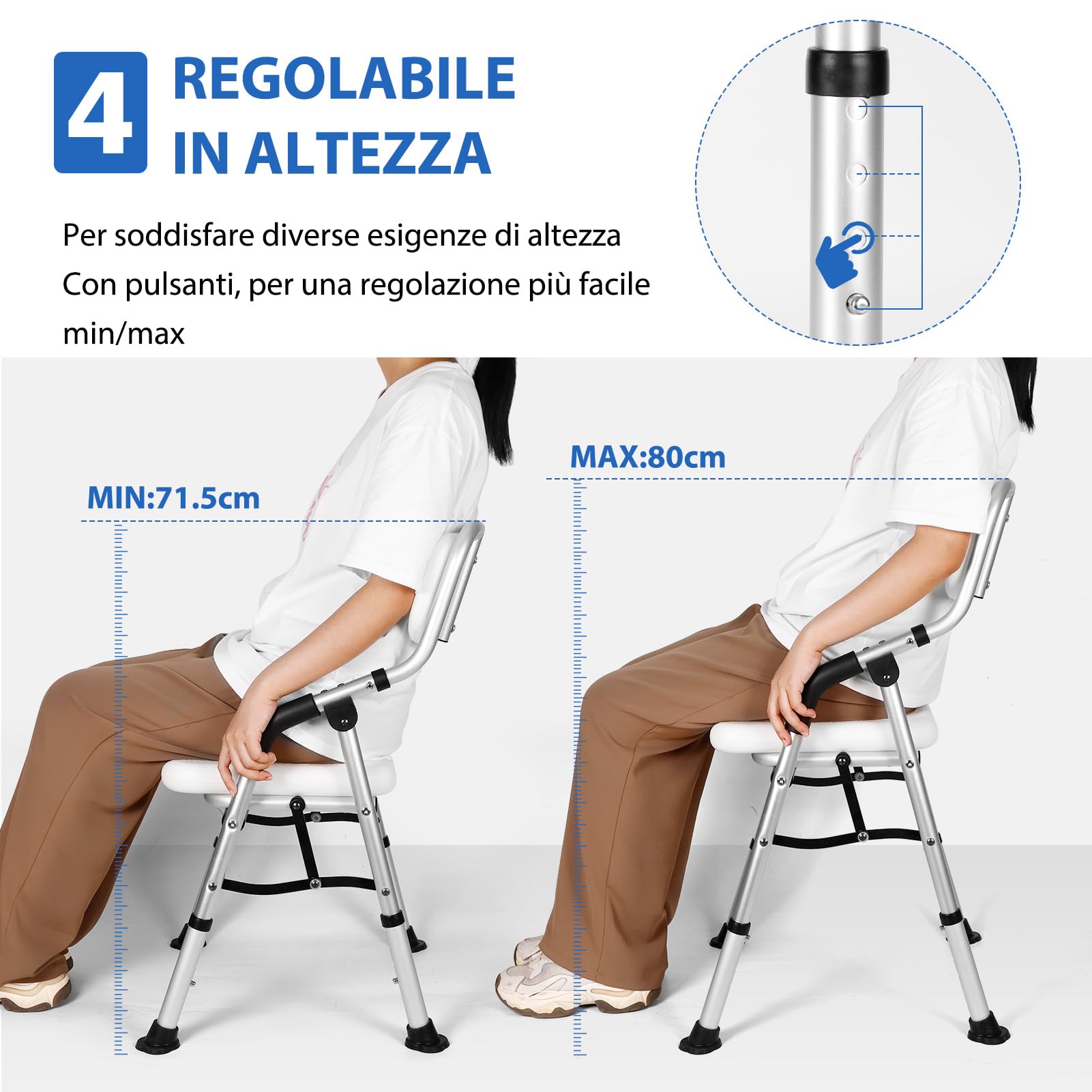 DEWEL Sedia per Doccia Anziani Pieghevole, con Schienale, Regolabile in Altezza, Antiscivolo, con Staffa per Doccia, Installazione Aenza Attrezzi, Sedia per Doccia Anziani, Portata di 150 Kg (Grigio)