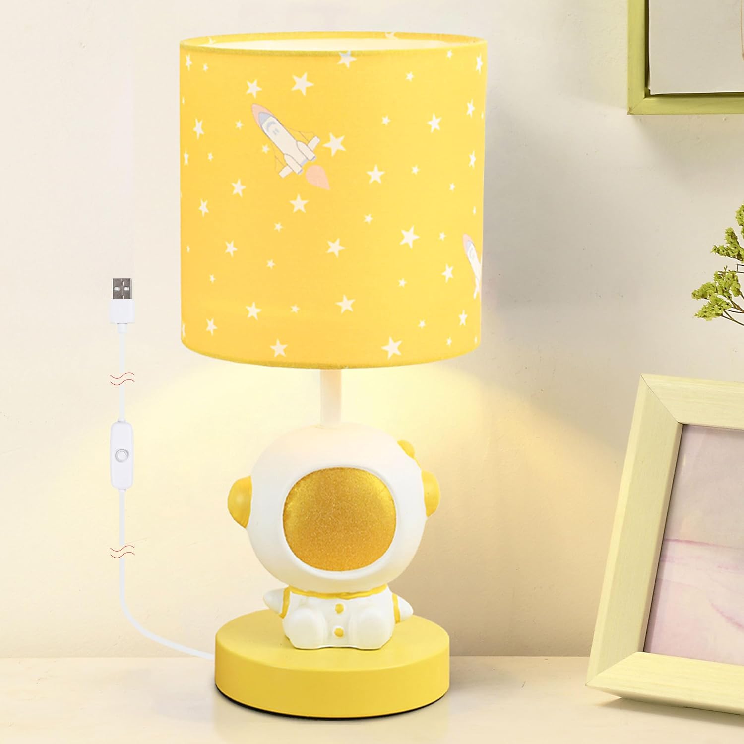 Lampwell Astronaut LED Table Lamp with USB Port DC5V,Yellow Kids Table Lamp,Night Light for Kids Room,Nursery,Bedroom,Kitchen Counter,Gameroom,Φ5.91×H13.07IN,Hand-Made