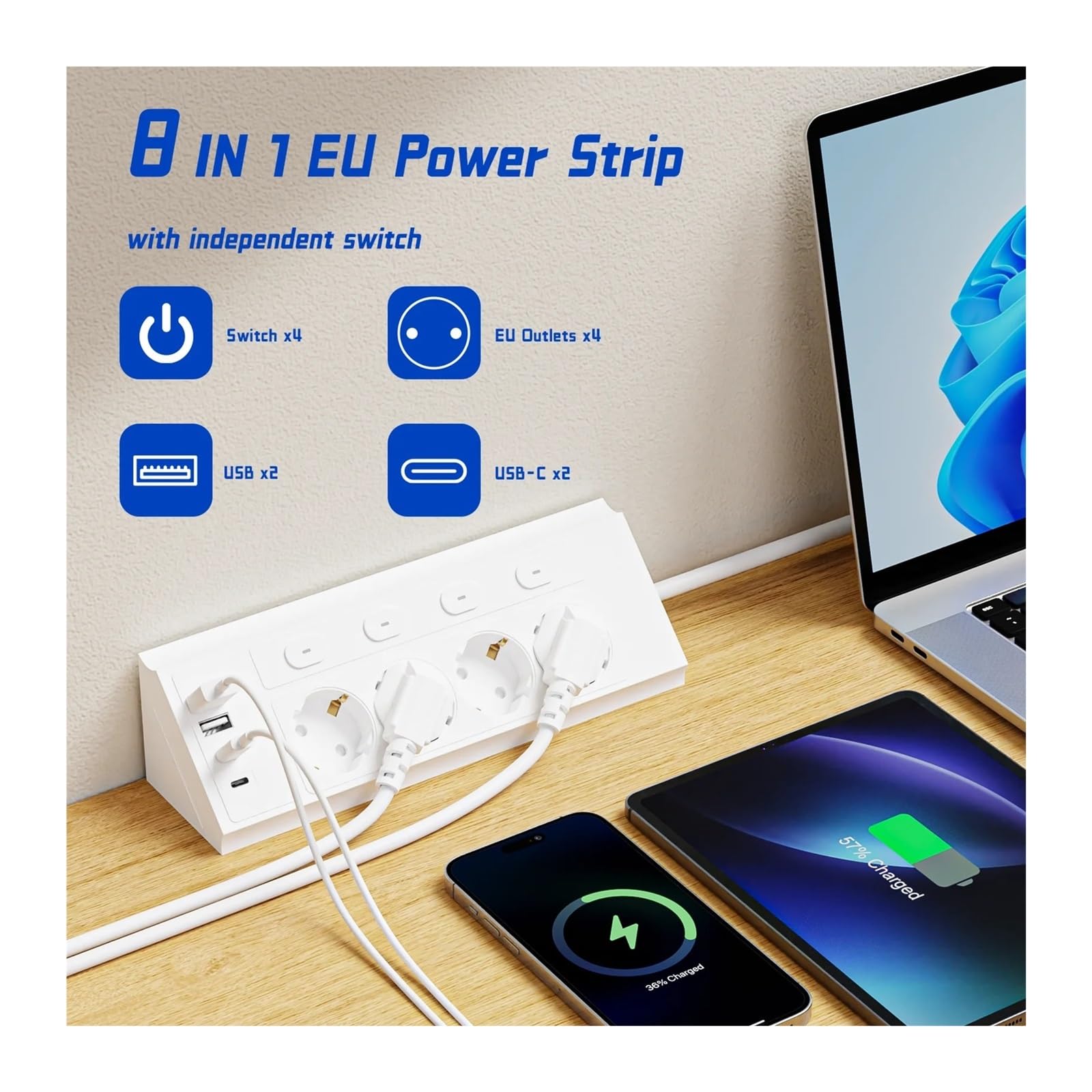 Regleta de enchufes UE 8 en 1 con 4 interruptores, extensión de 1,5 metros, 4 enchufes de CA, 2 puertos USB tipo C, esquina, independiente(Black)