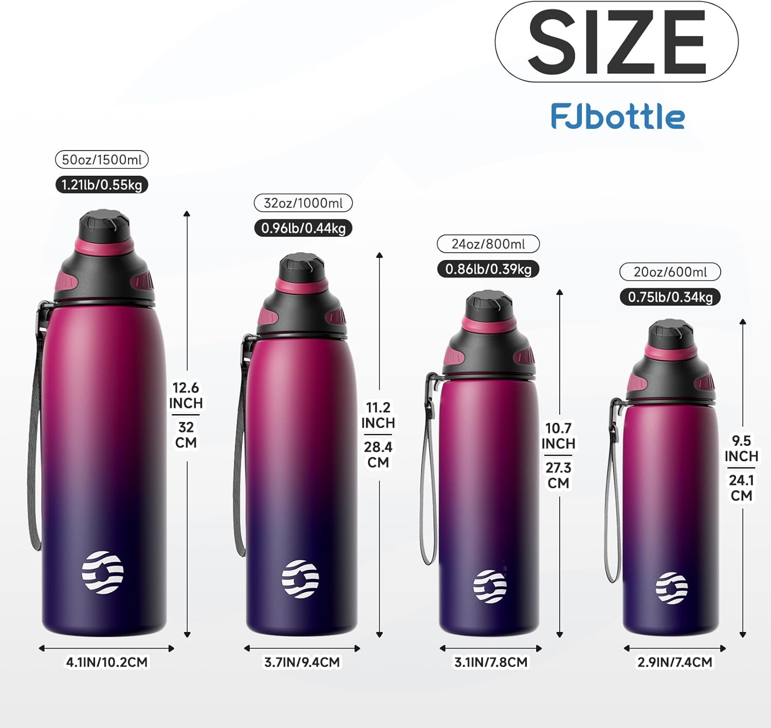 Fjbottle Insulated Stainless Steel Water Bottle, 24 Oz Leakproof Water Bottles, Ice Reusable Tumbler, Double Wall Vacuum Jug, Lightweight Durable for Traveling & Sports, Workout, 24oz