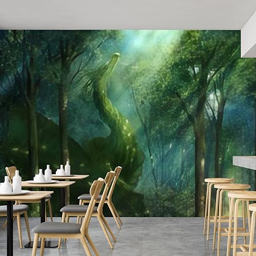 Miniatura 6 de Moderno papel tapiz extraíble 3D autoadhesivo con diseño de bosque de dragón verde fantasía, murales de pared 3D, calcomanías de pared para sala de
