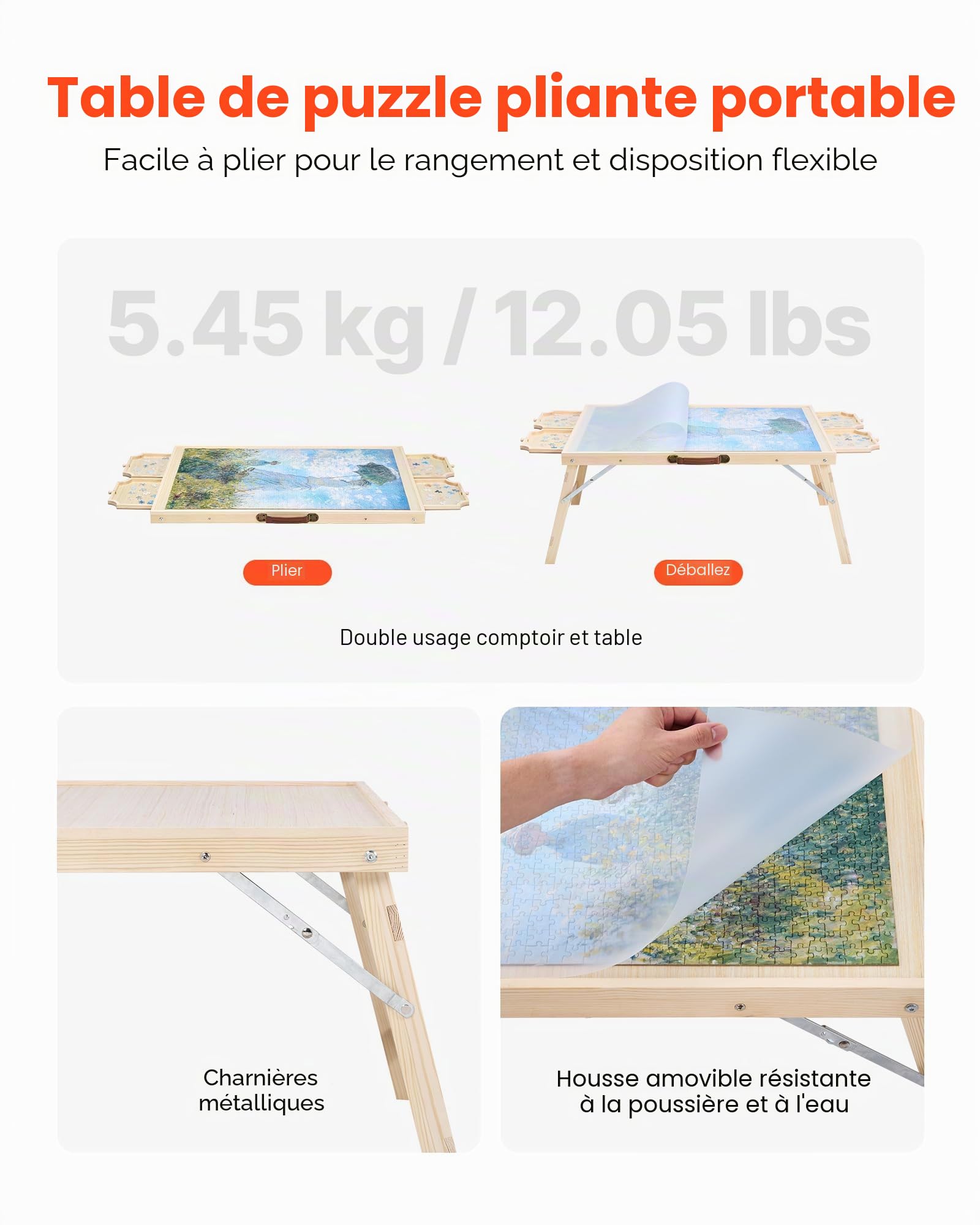 VEVOR Table de Puzzle 1500 Pièces 86,5 x 63,5 cm avec Pieds Pliables 4 Tiroirs et Couverture Plateau Casse-Tête Portable en Bois