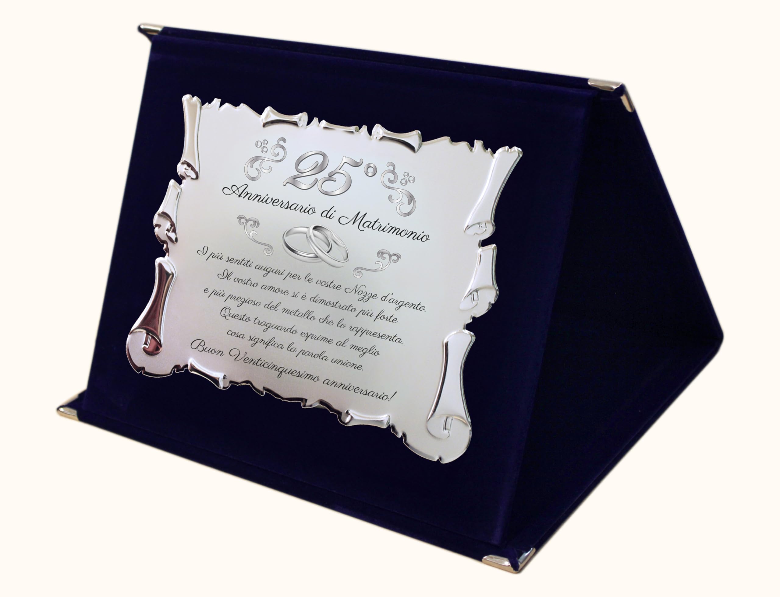 Targa per Venticinquesimo Anniversario di Matrimonio | Congratulazioni 25° Anniversario di Nozze | Regalo Nozze d'argento Pergamena su Cofanetto Blu