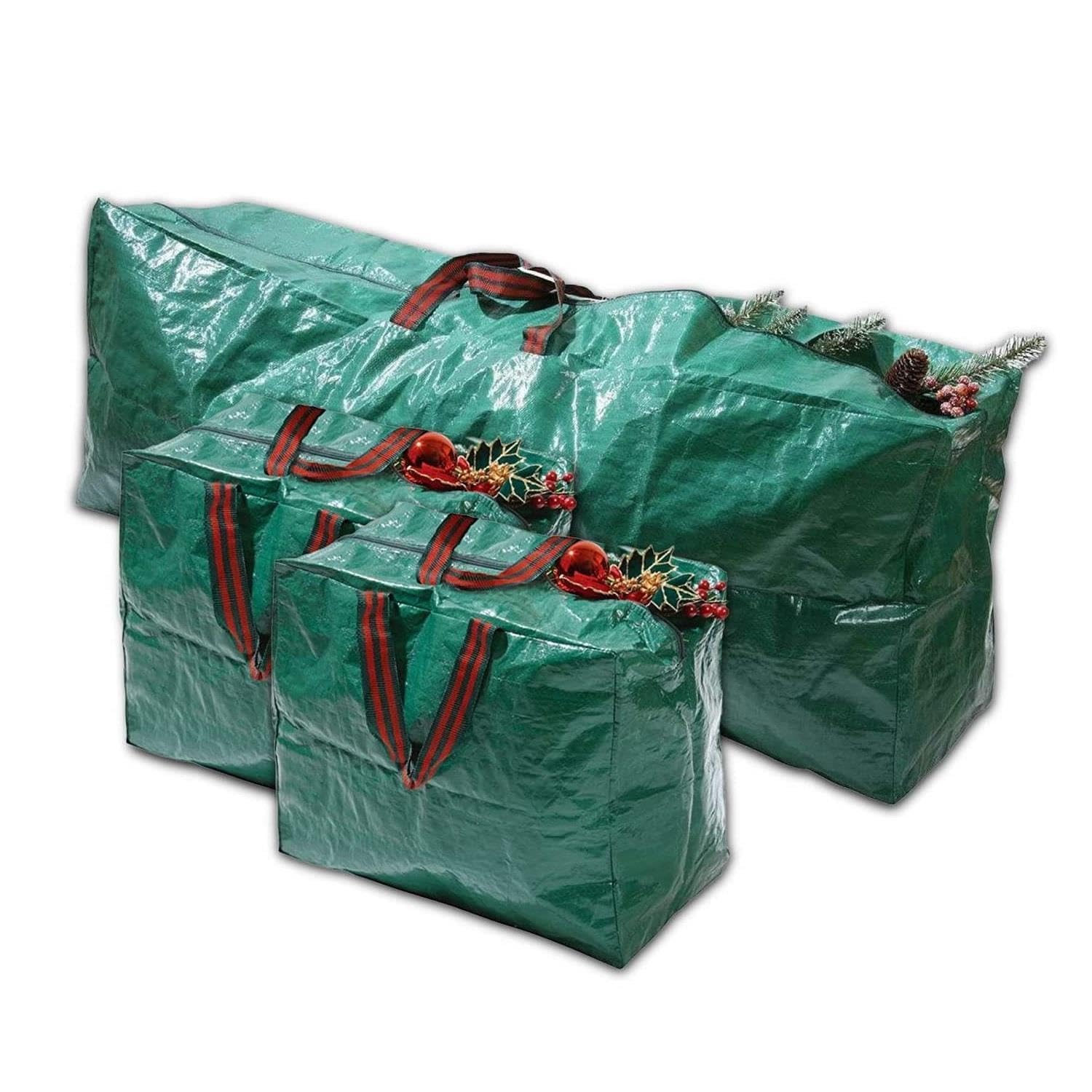 Christmas Collapsible Sturdy Storage Box & Bag | For Xmas Baubles Ornaments Lights Tree & More Christmas Decoration (3 Piece Storage Bags Green)