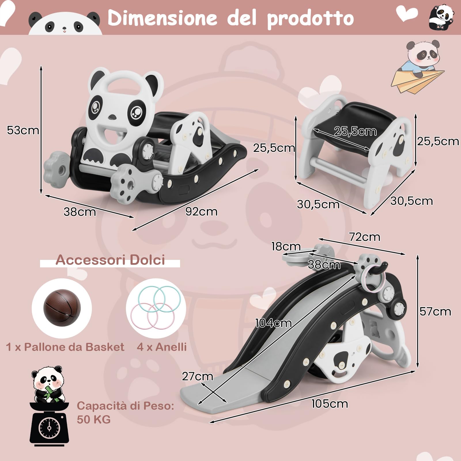 COSTWAY 5 in 1 Set Cavallo a Dondolo e Scivolo per Bambini, Set di Giocattoli con Canestro da Basket e Gioco degli Anelli, Età 1-5 Anni, Carico 50kg, per Interno ed Esterno (Panda)