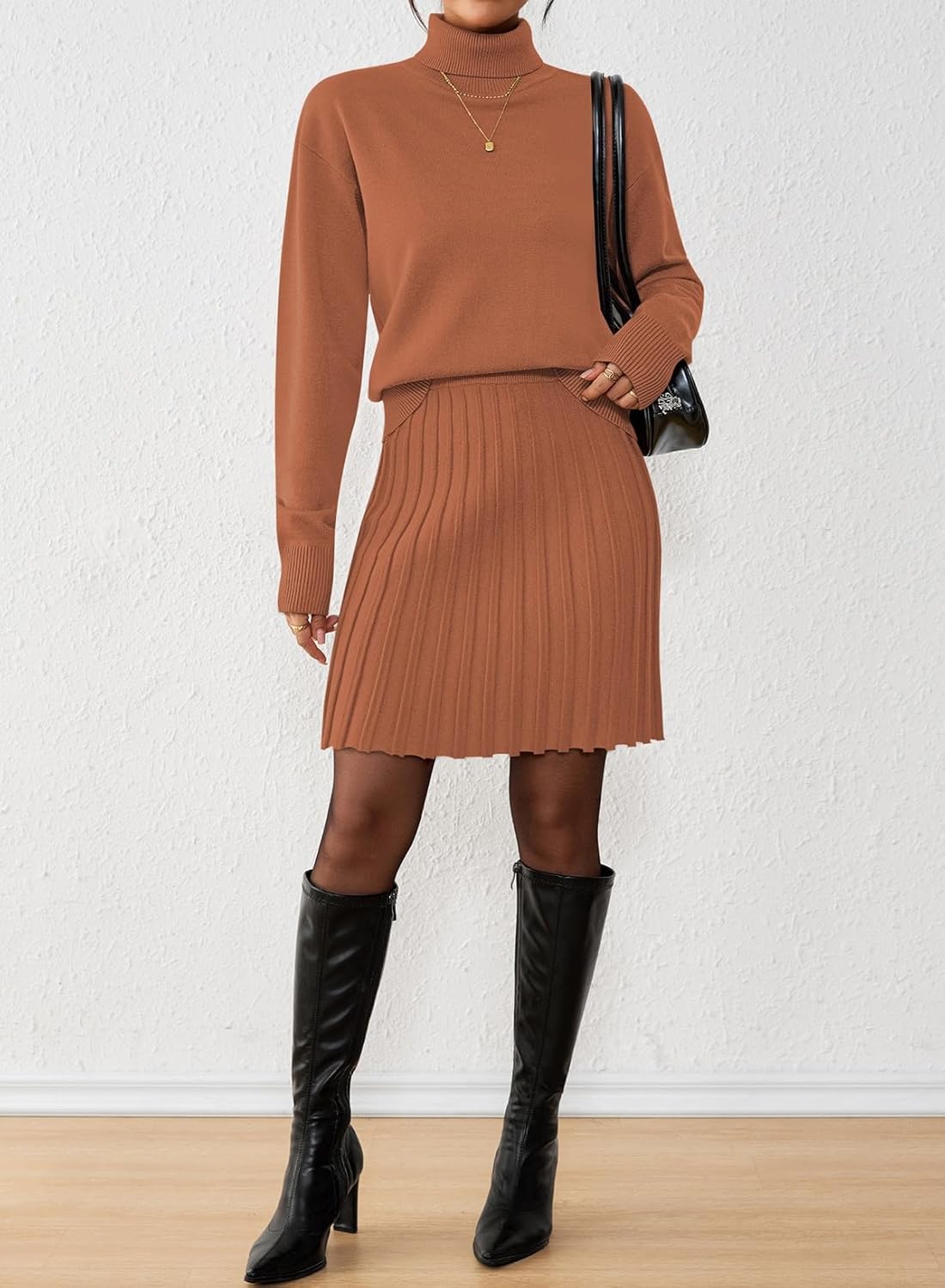 Pink Queen 2026 Women's 2 Piece Sweater Outfits Set Long Sleeve High Neck Top Pleated Mini Skirt Ribbed Knit - Image 3
