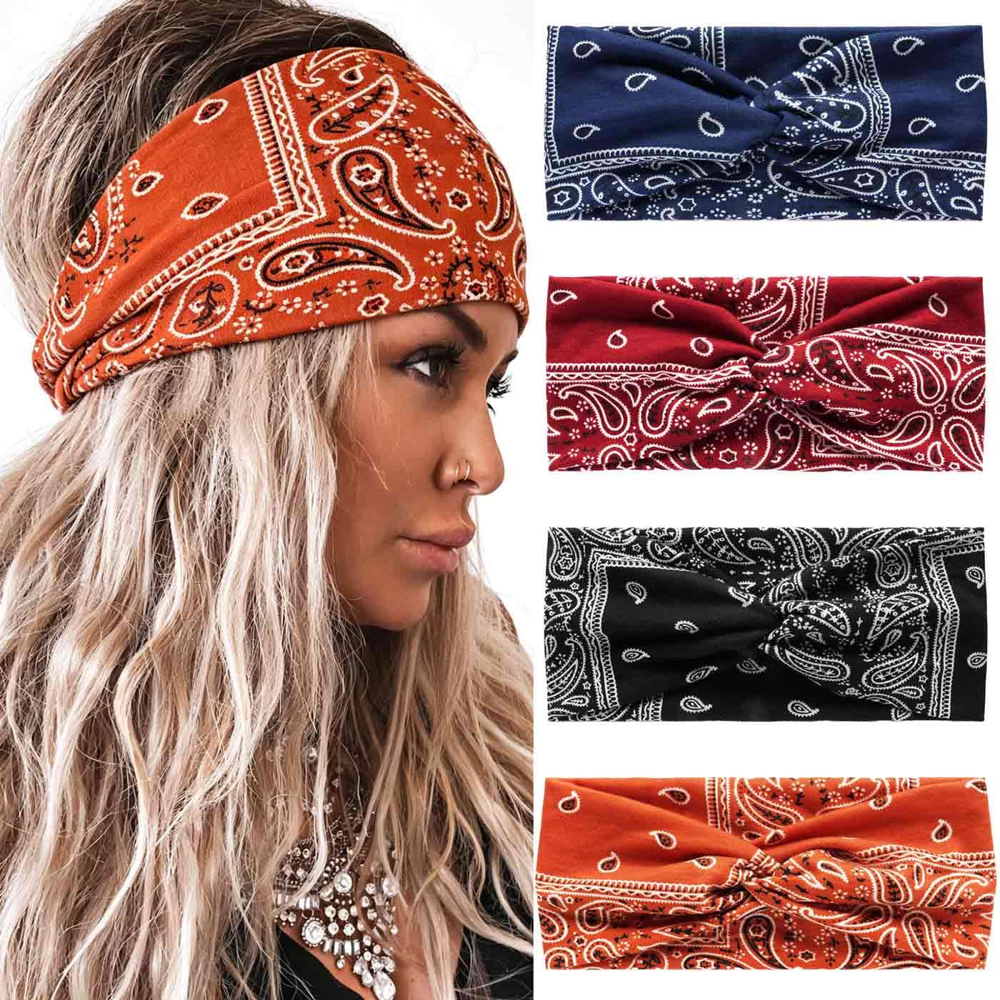 Acenail Wide Boho Head Bands for Women's Hair Non Slip Stretch Turban Twist Headbands Criss Cross Bandana Hair Bands Yoga Workout Head Wraps Fashion Hair Accessories for Women 4 Pcs (Paisley Printed)