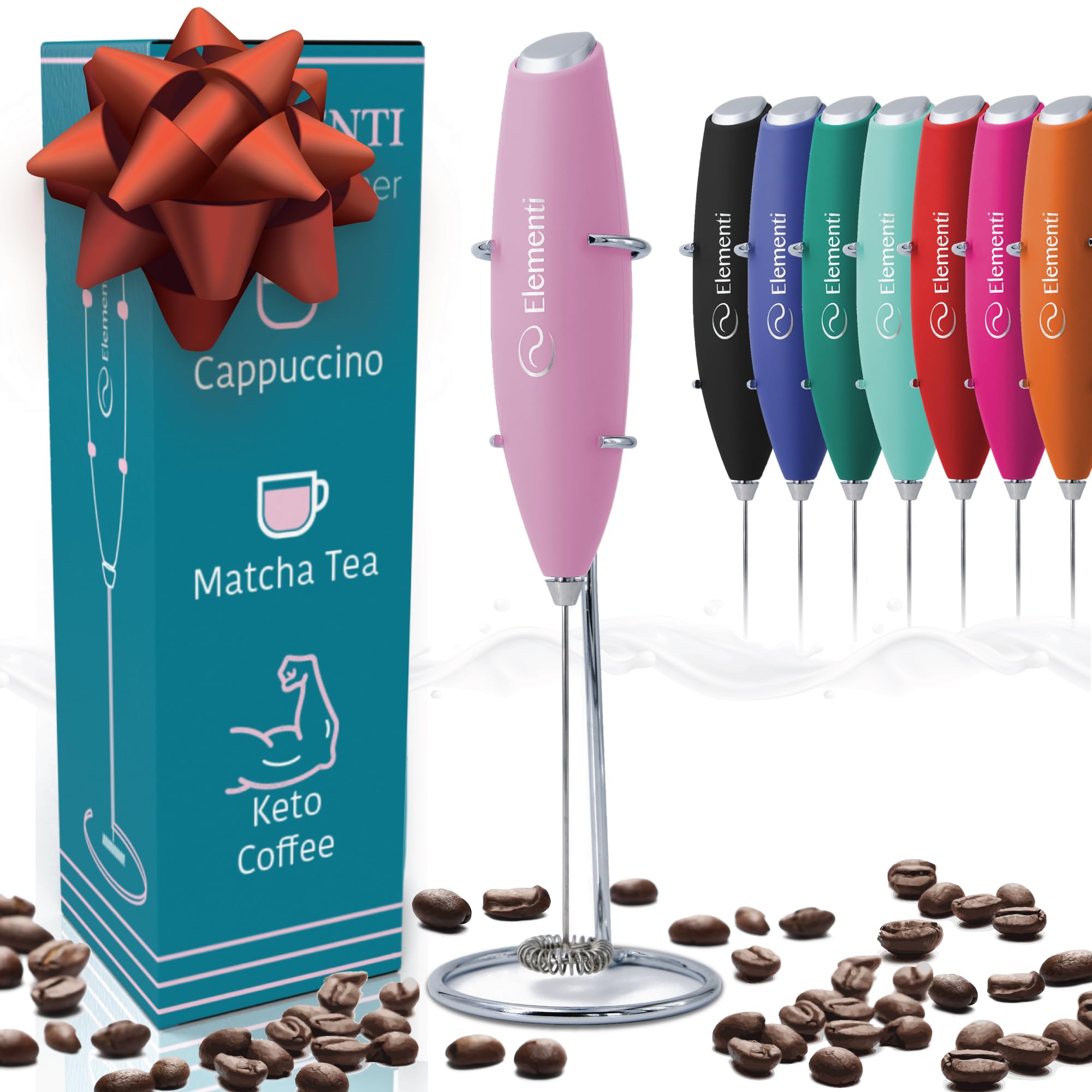 Elementi Electric Pink Milk Frother Handheld - Mini Whisk for Coffee, Matcha and Drinks - Portable Frother & Mixer with Stand - Pastel Pink