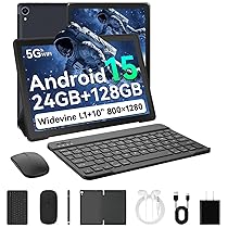 Laptok Android 15 Tablet 10 Pollici, 24GB RAM+128GB ROM, Octa Core 2.0GHz , WiFi 6+2.4G, GMS, 5000mAh, Bluetooth 5.2, Widevine L1, 8MP+5MP, Tablet 2 in 1 con Tastiera, Mouse, Cuffie, Penna e Custodia