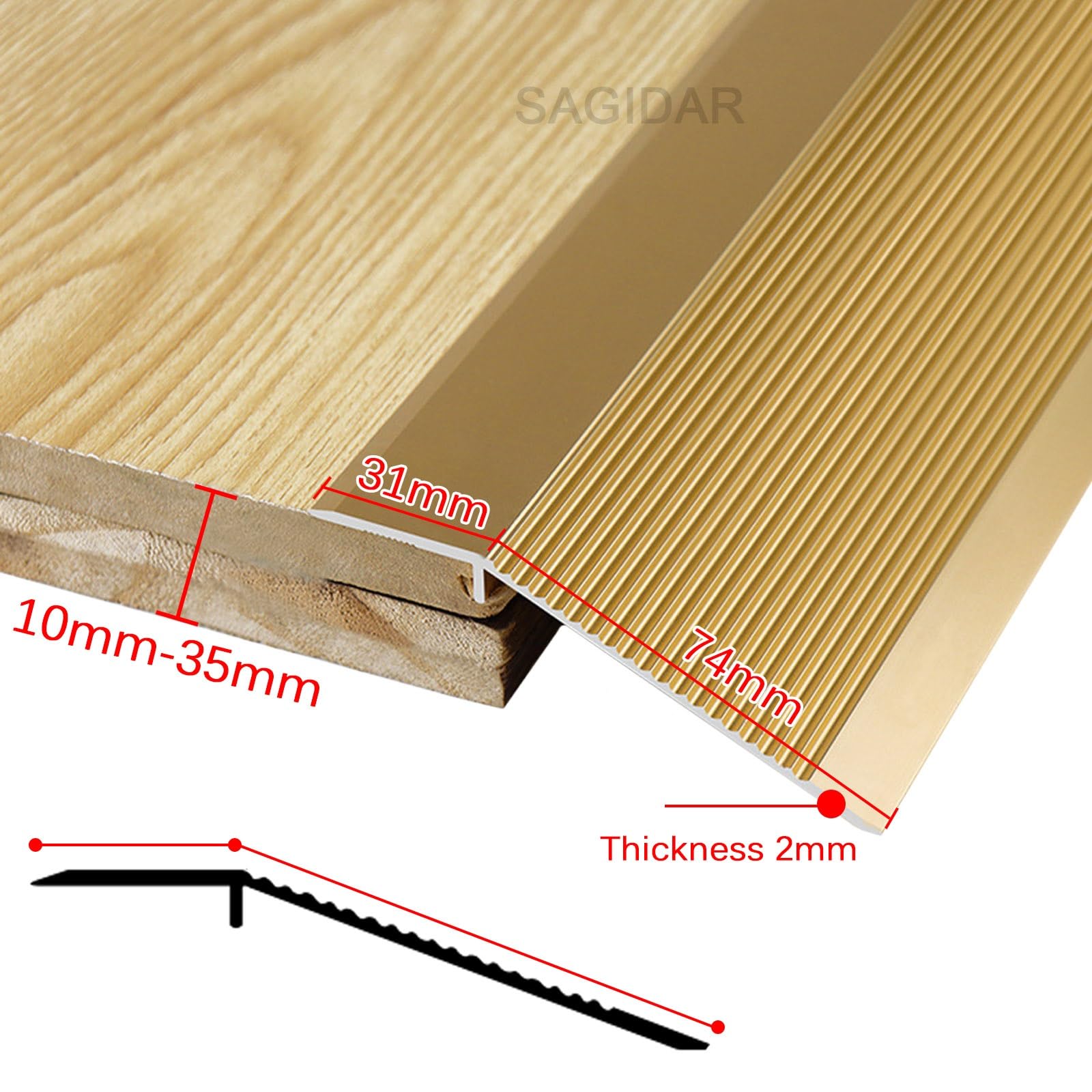 SAGIDAR Barre De Seuil Baguette Recouvrement, Profil Rail De Transition Plate en Aluminium, Bande Transition pour Sol Irrégulier/Bords Tapis, Rampe D'entrée Antidérapantes, pour D'entrée/Balcon