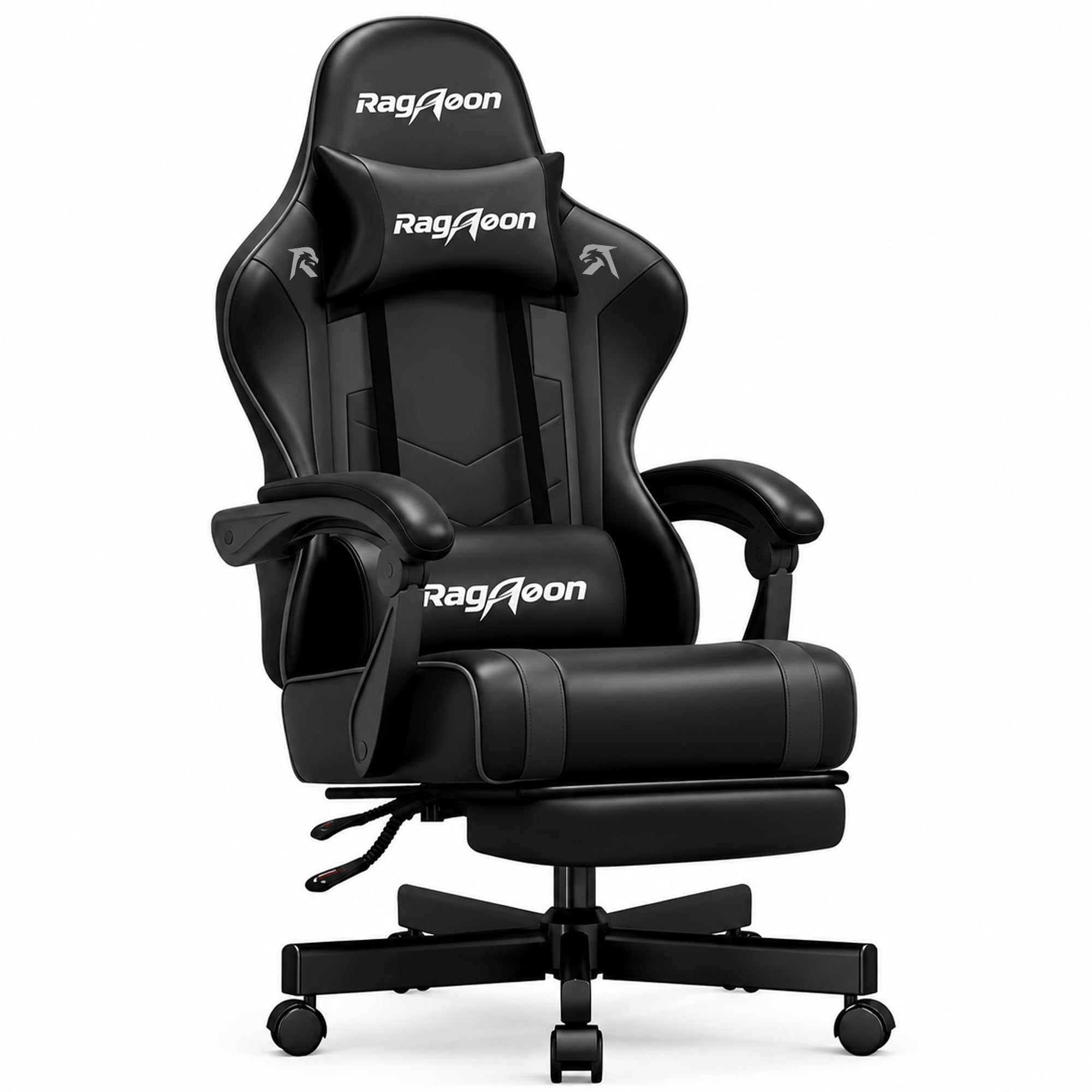 Riftracer Gaming Stuhl Chair Gamer Sessel - Ergonomischer Gamer Stuhl mit Fußstütze Kopfstütze und Lordosenstütz Höhenverstellbar Gepolstert Gamingstuhl 220 Kg Tragkraft Vollschwarz