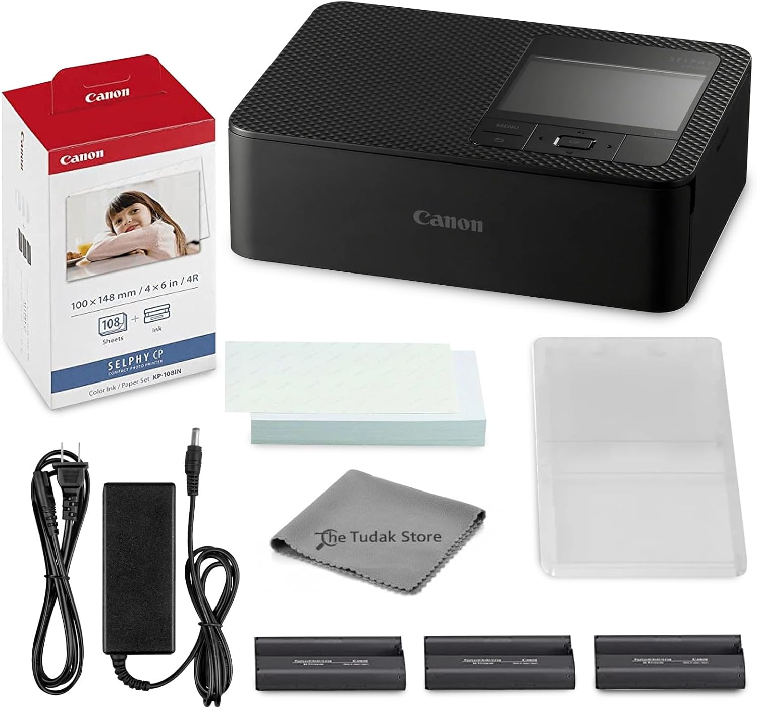 Canon Selphy CP1500 Photo Printer Bundle (Black) with KP-108 Paper (108 Sheets) 3 Color Ink Cartridges & Tudak Cleaning Cloth – Wireless Compact Dye-Sub Printer Kit