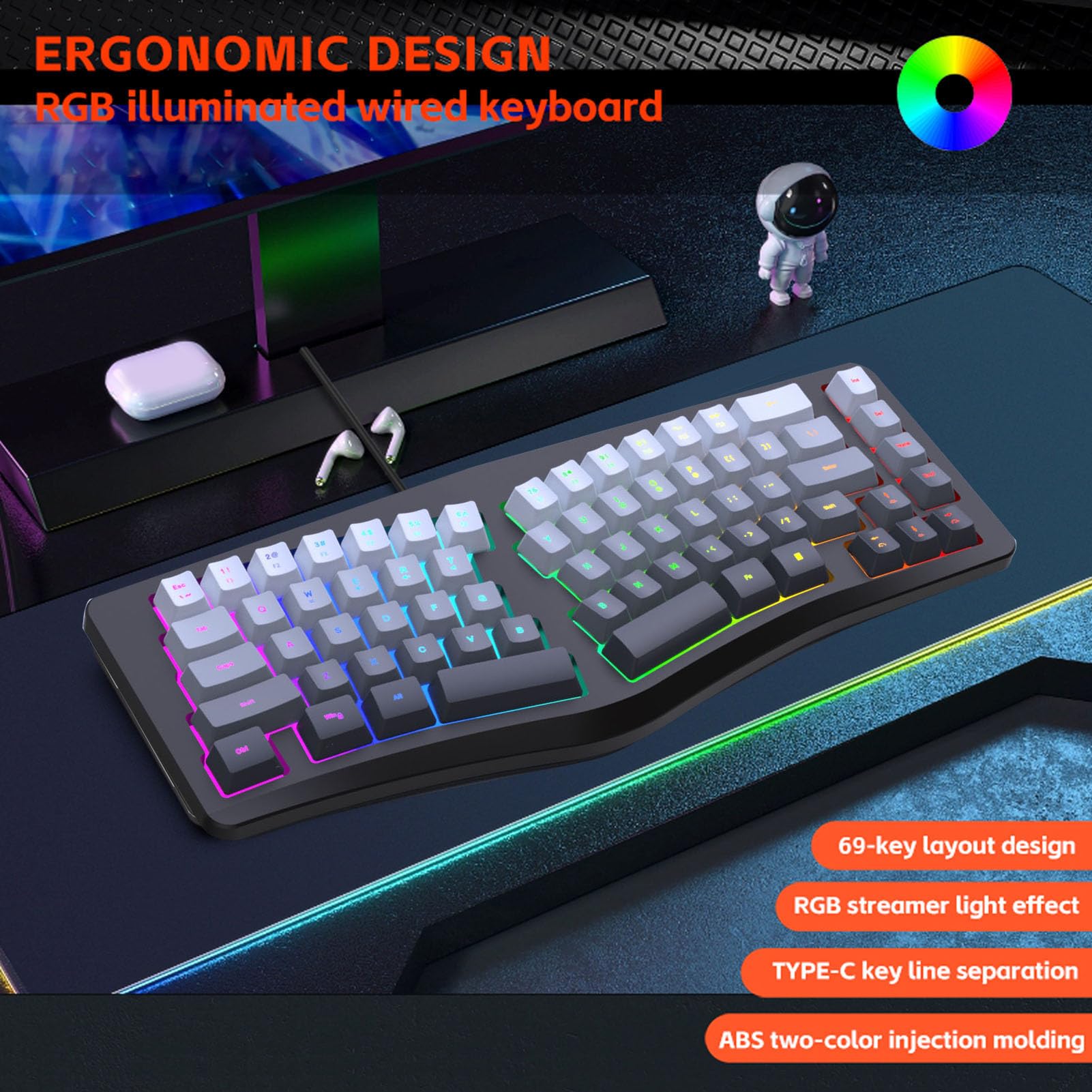 Amazon | VBESTLIFE 有線人間工学キーボード、カラフルな RGB バック